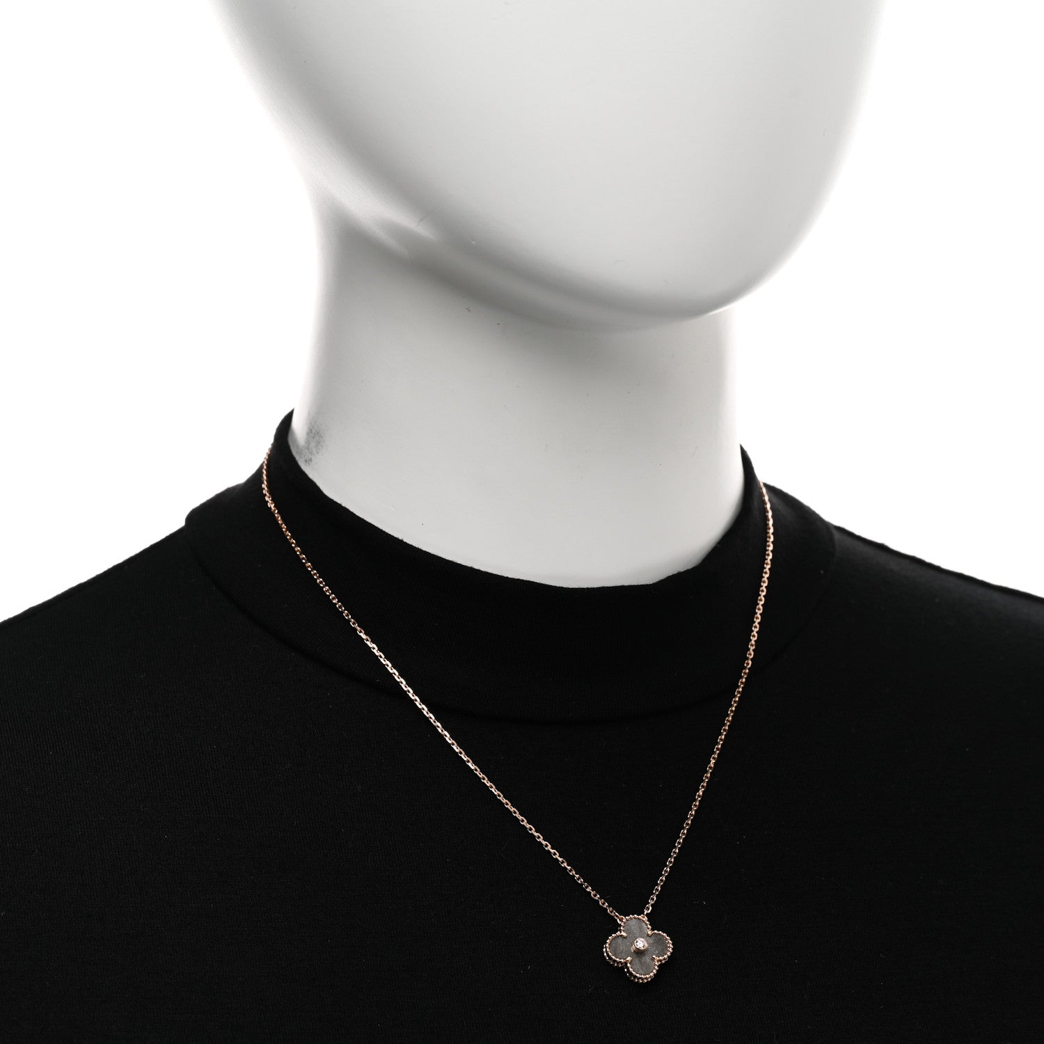 Van Cleef & Arpels 18K Rose Gold Diamond Silver Obsidian Vintage Alhambra Pendant Necklace 2 of 5