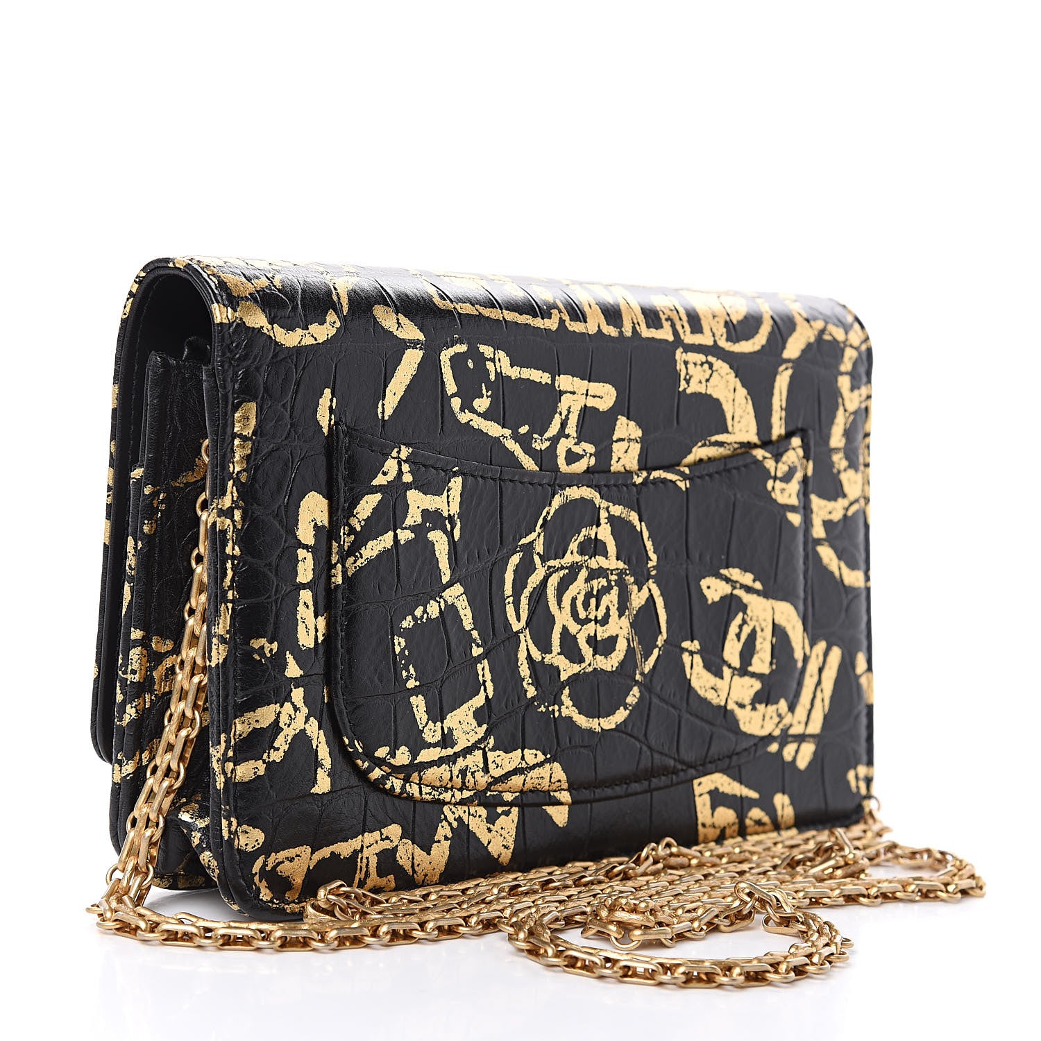 Chanel Calfskin Crocodile Embossed Graffiti 2.55 Cocodile Reissue Wallet On Chain WOC Black Gold 3 of 12