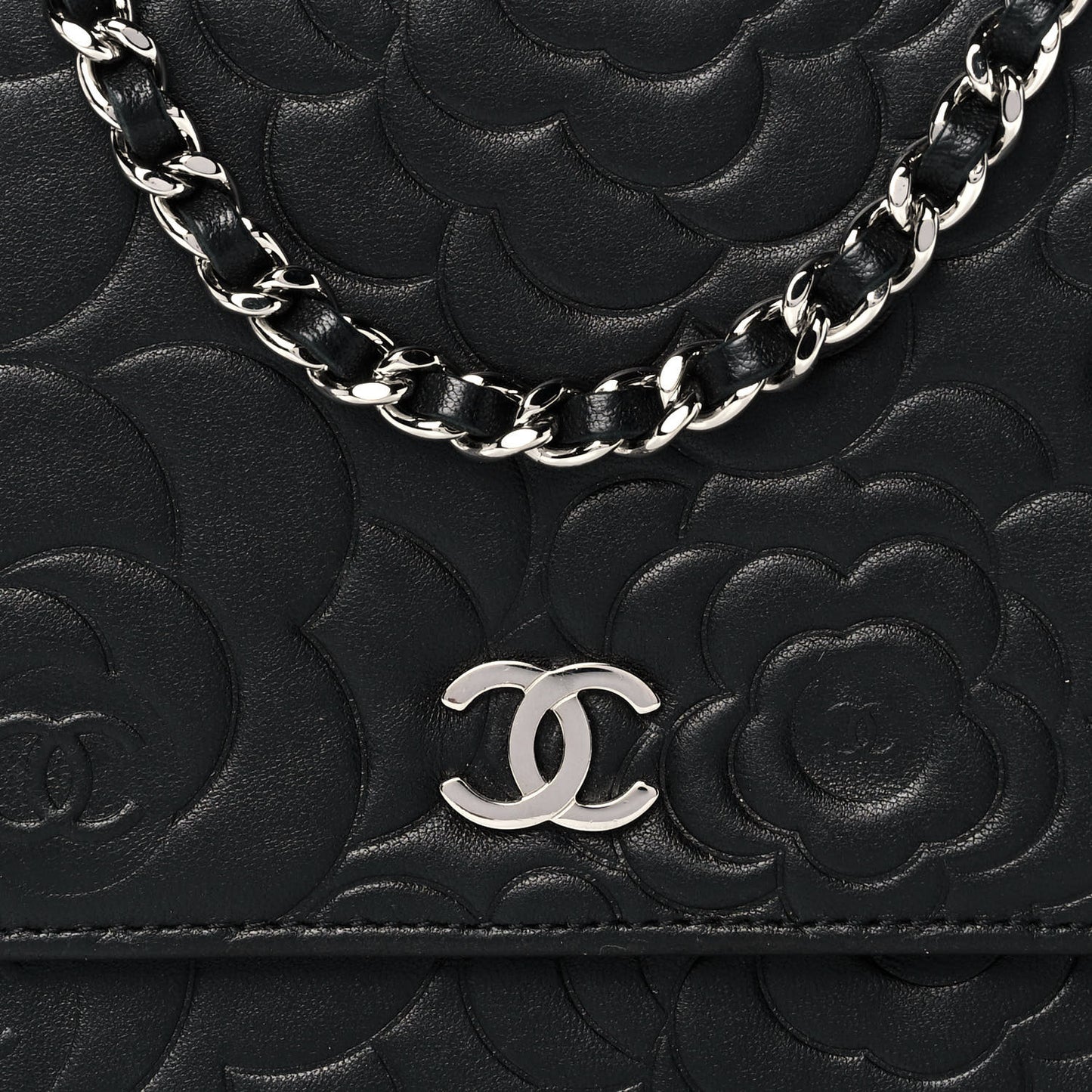 Lambskin Camellia Embossed Wallet on Chain WOC Black