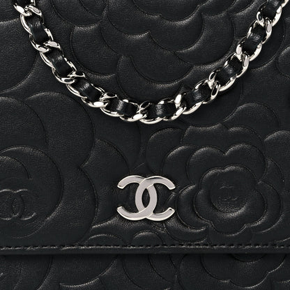 Chanel Lambskin Camellia Embossed Wallet on Chain WOC Black 7 of 10