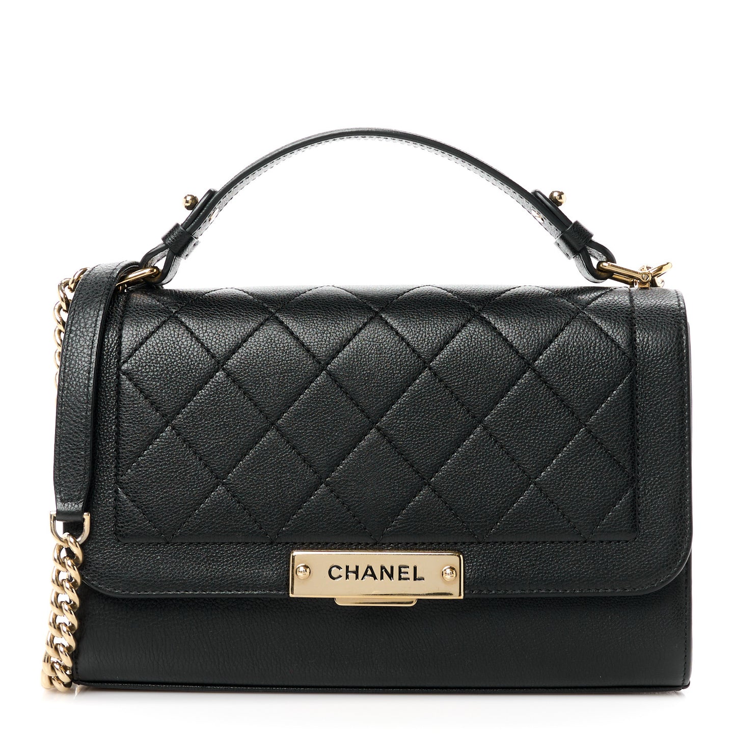 Grained Calfskin Quilted Medium Label Click Flap Bag Black