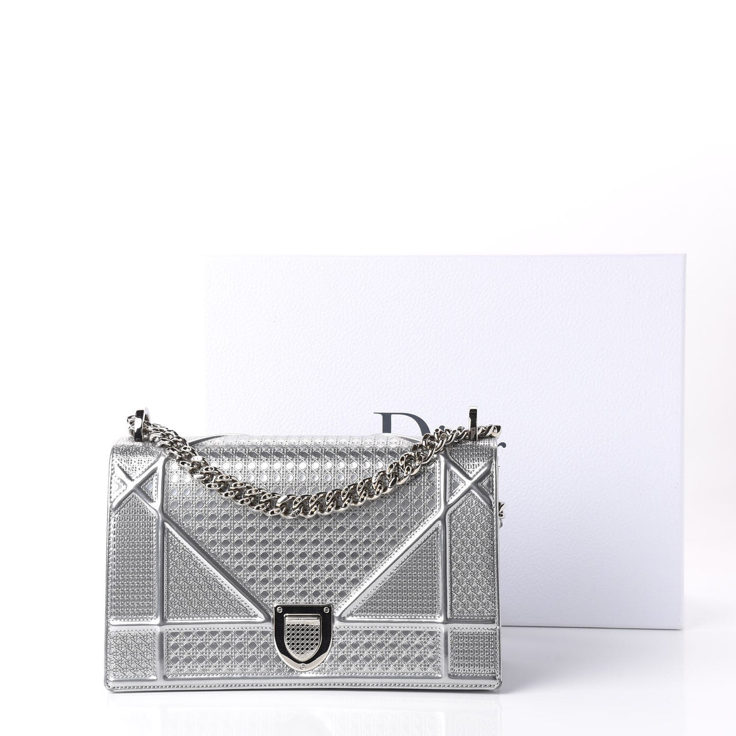 Metallic Patent Micro-Cannage Medium Diorama Flap Bag Silver