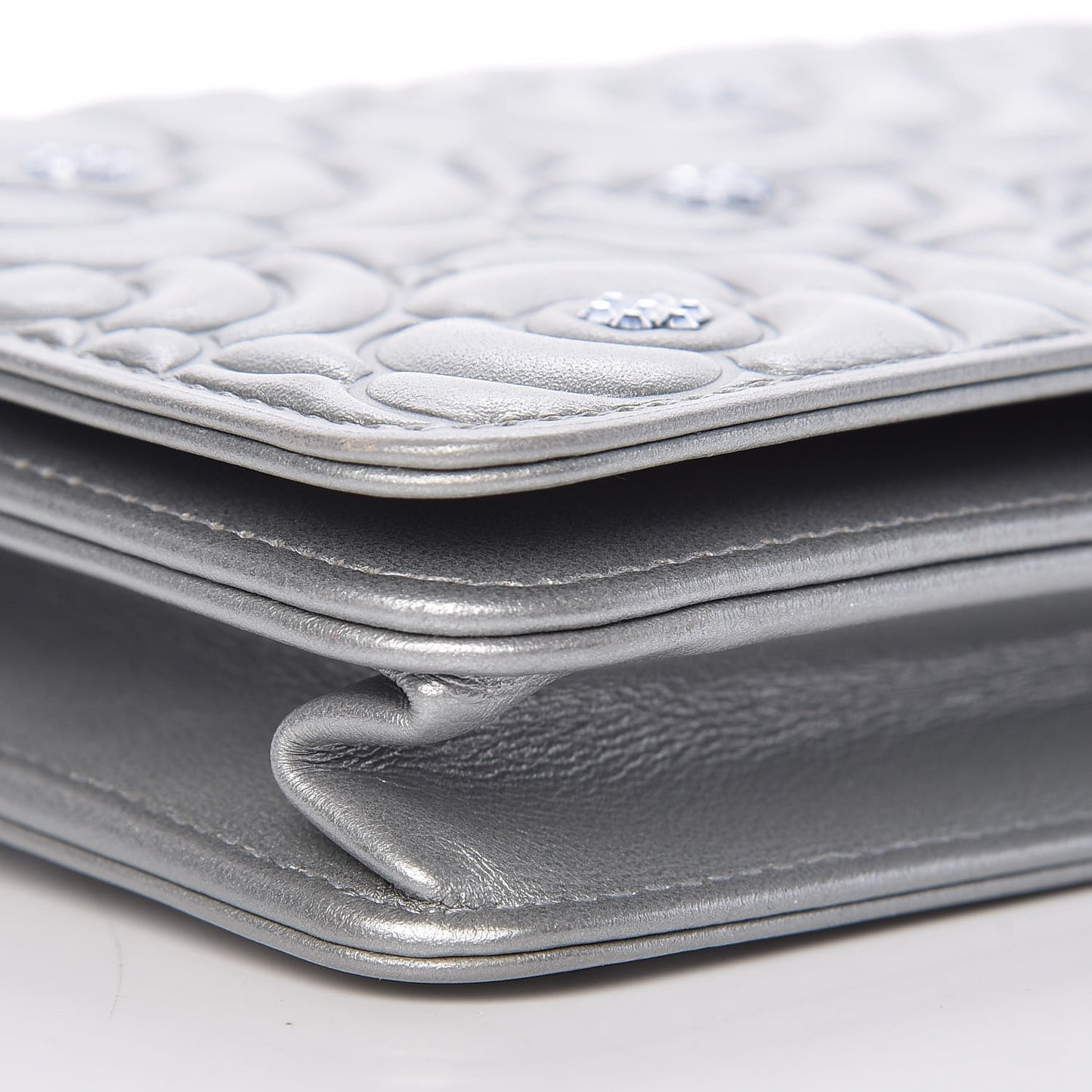 Metallic Lambskin Camellia Crystal Wallet on Chain WOC Silver