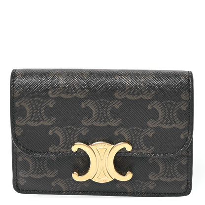 Celine Triomphe Canvas Calfskin Flap Card Holder Tan 1 of 9