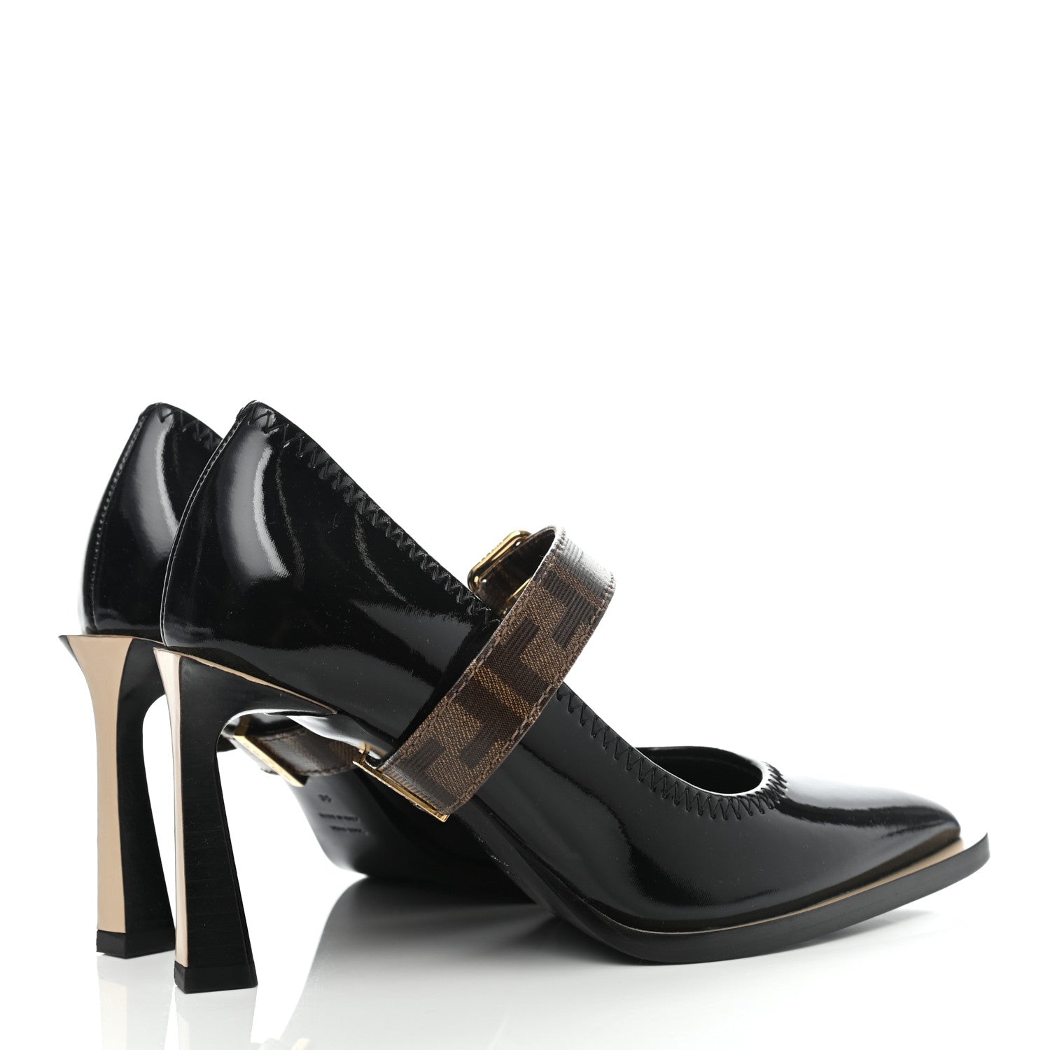Fendi Glossy Neoprene Glazed Fabric FF FFrame Court Mary Jane Pumps 35 Black Tobacco Moro 4 of 7