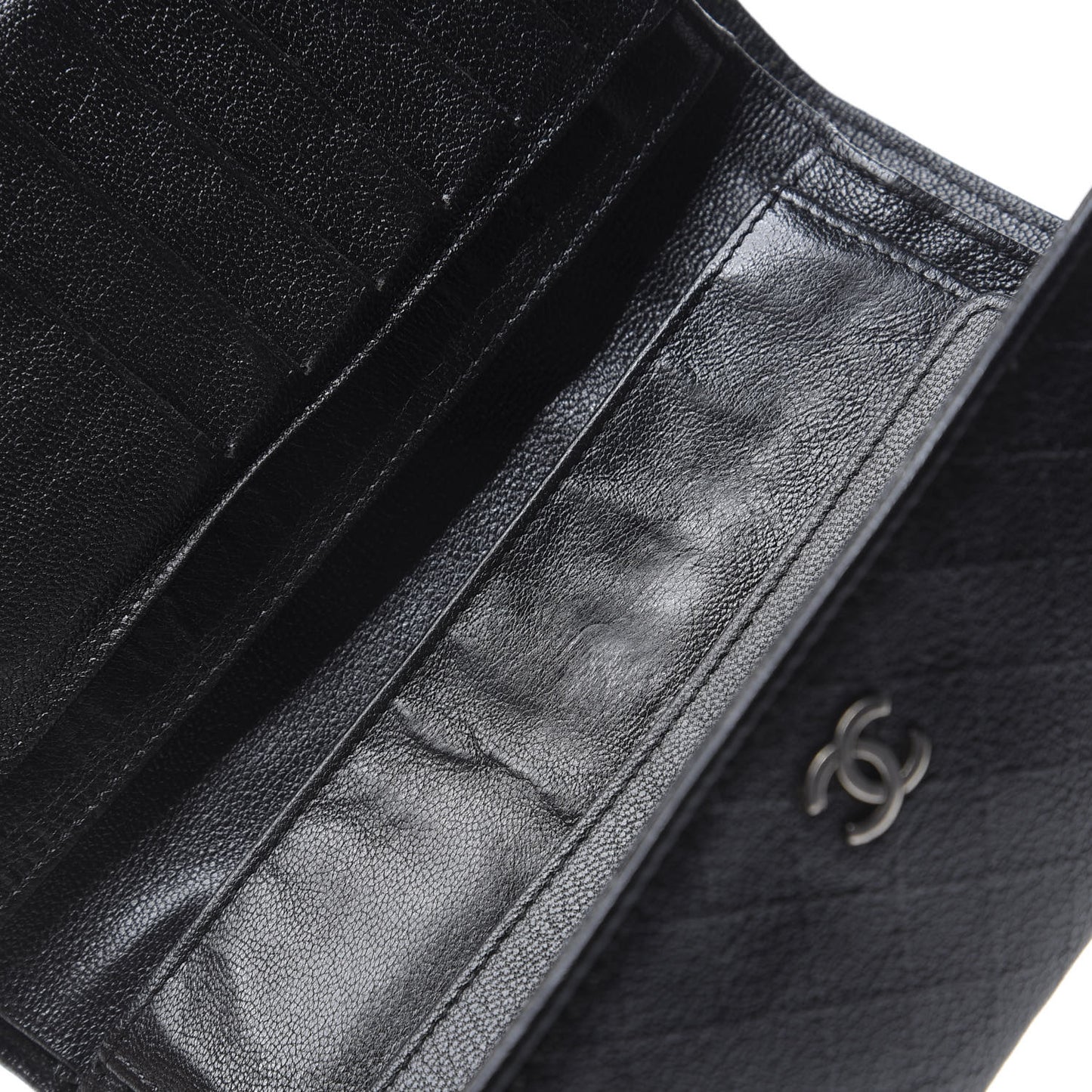 Calfskin Diamond Embossed Long Flap Wallet Black