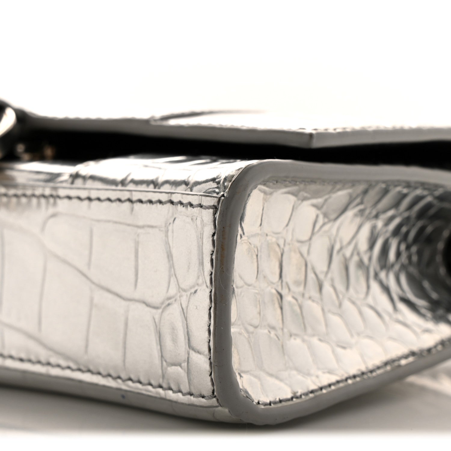 Balenciaga Metallic Calfskin Crocodile Embossed Hourglass Chain Bag Silver 9 of 13