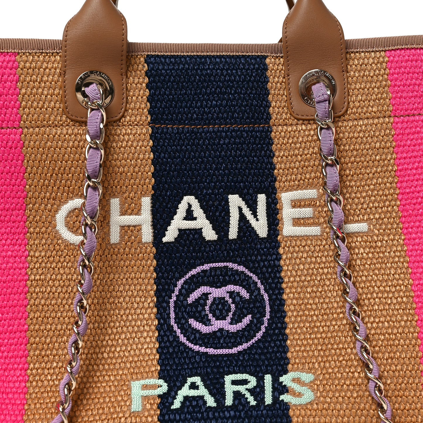 Straw Raffia Calfskin Striped Medium Deauville Tote Dark Beige Fuchsia Navy Blue