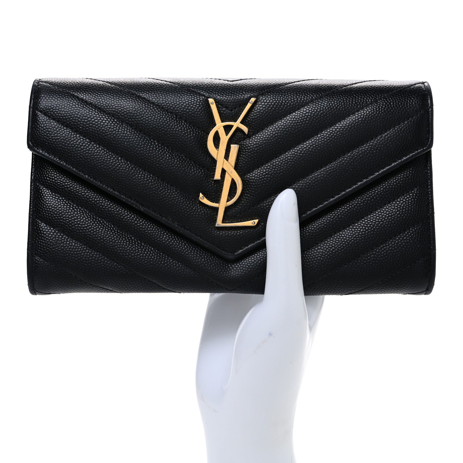 Saint Laurent Grain De Poudre Matelasse Chevron Monogram Flap Wallet Black 2 of 8