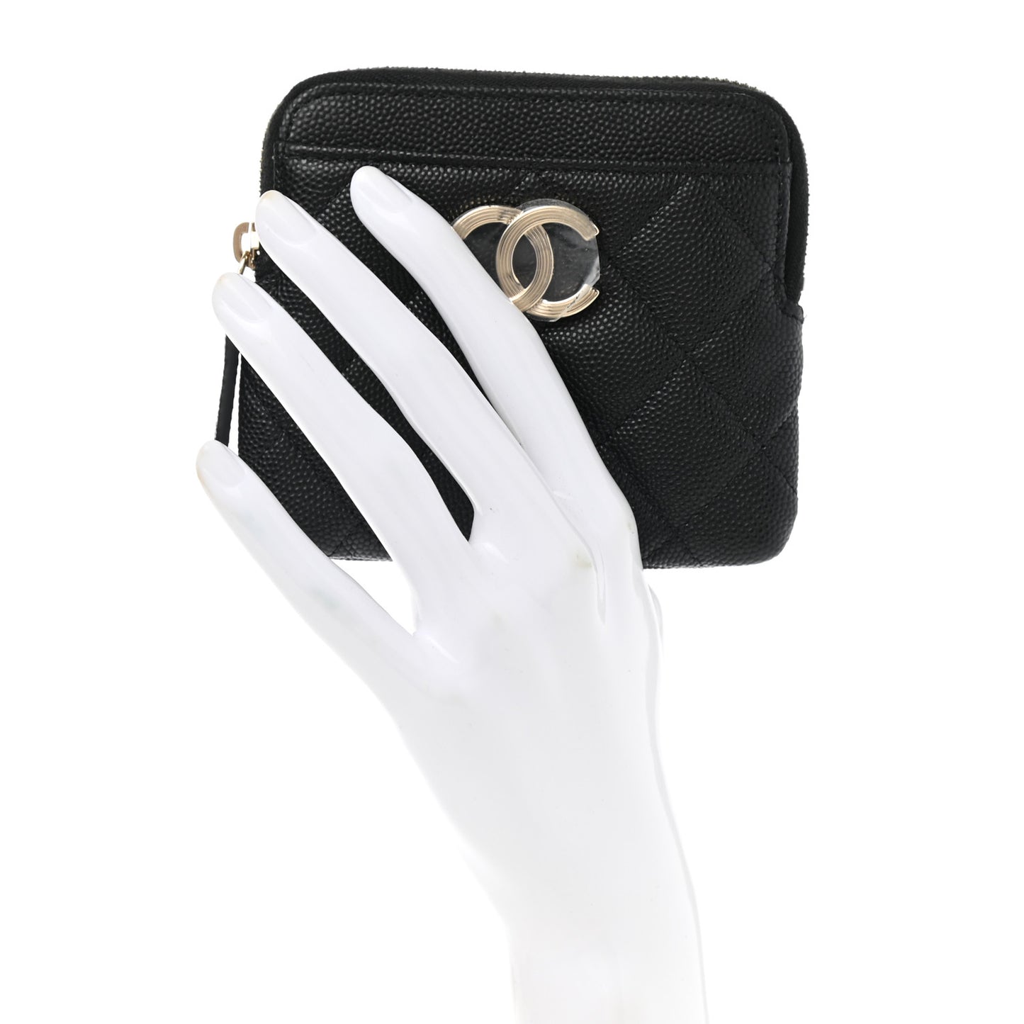 Caviar Metal Quilted Striated Zip Card Holder Wallet Black