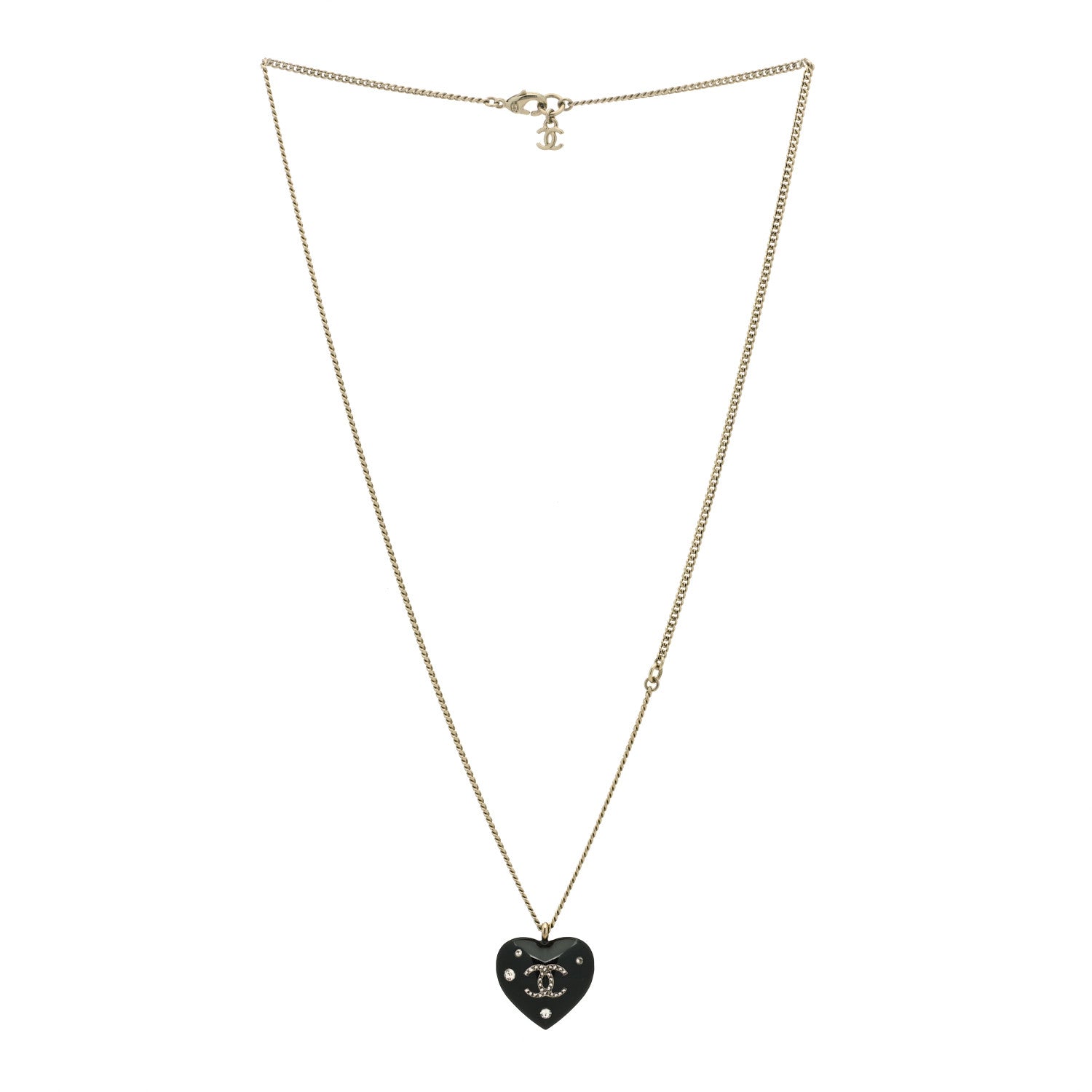 Chanel Resin Crystal CC Heart Necklace Black Silver 3 of 5