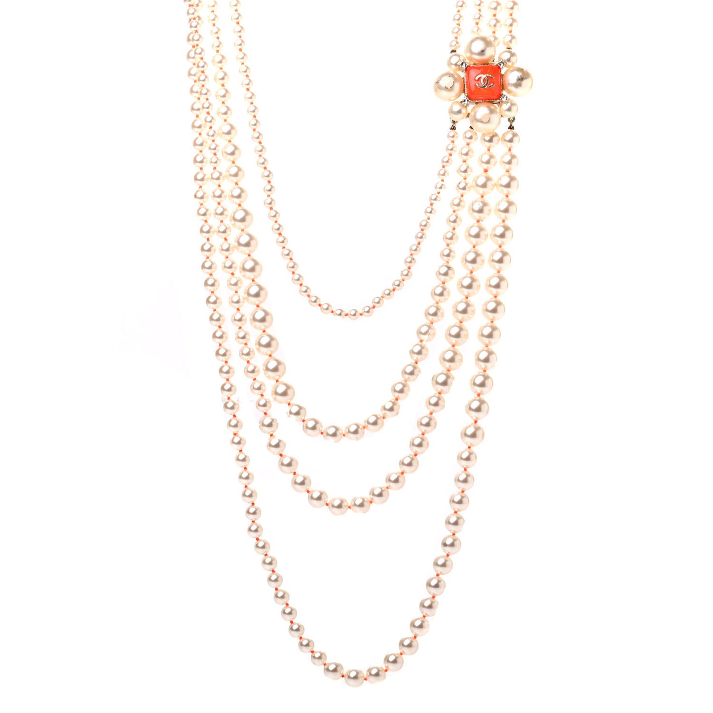 Pearl Crystal Gripoix CC Multi Strand Necklace Orange Gold