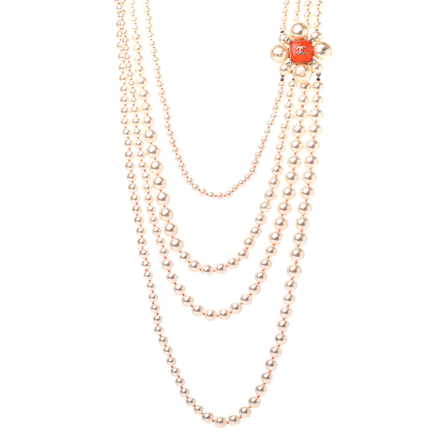 Chanel Pearl Crystal Gripoix CC Multi Strand Necklace Orange Gold 1 of 6