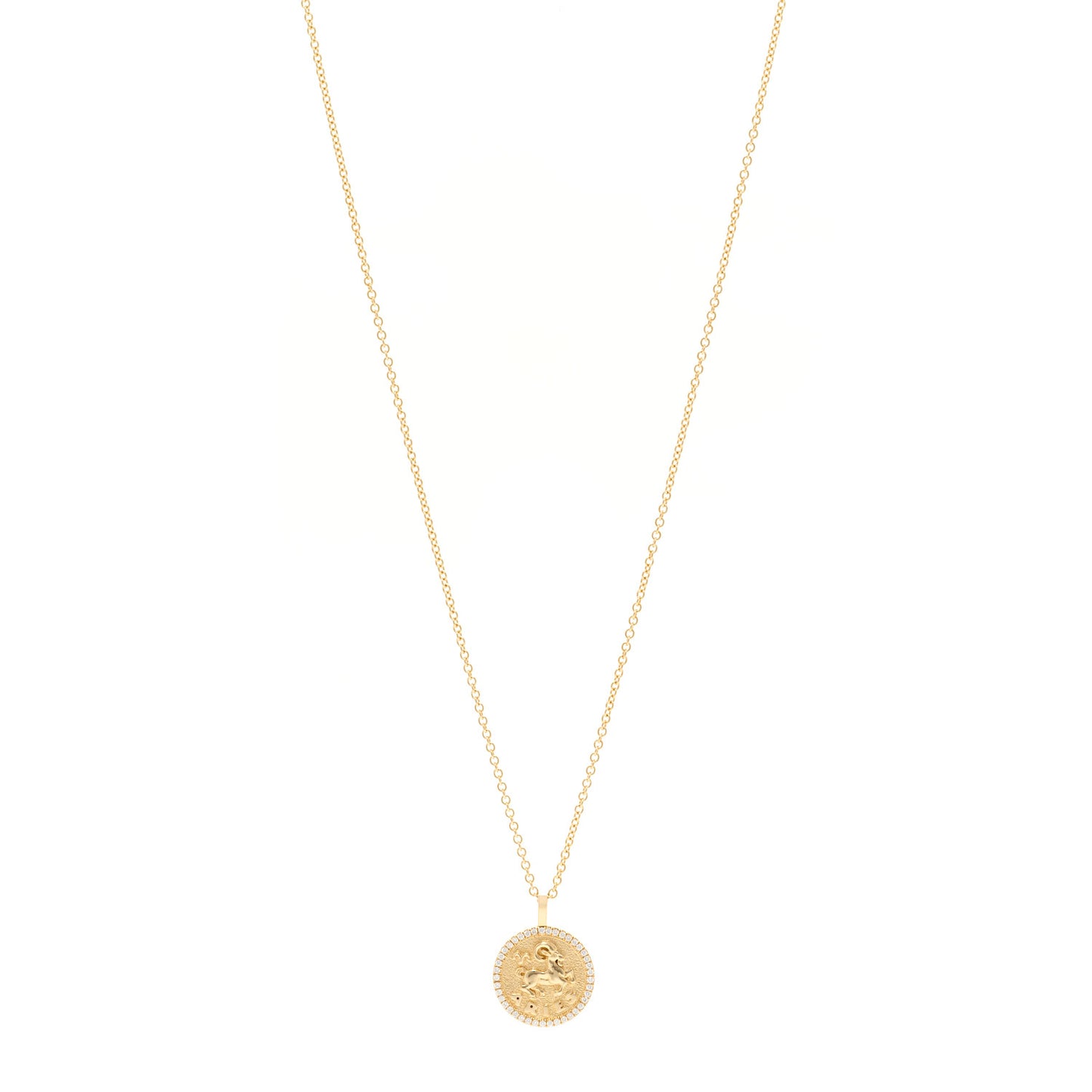 18K Yellow Gold Diamond Small Aries Zodiac Coin Pendant Necklace