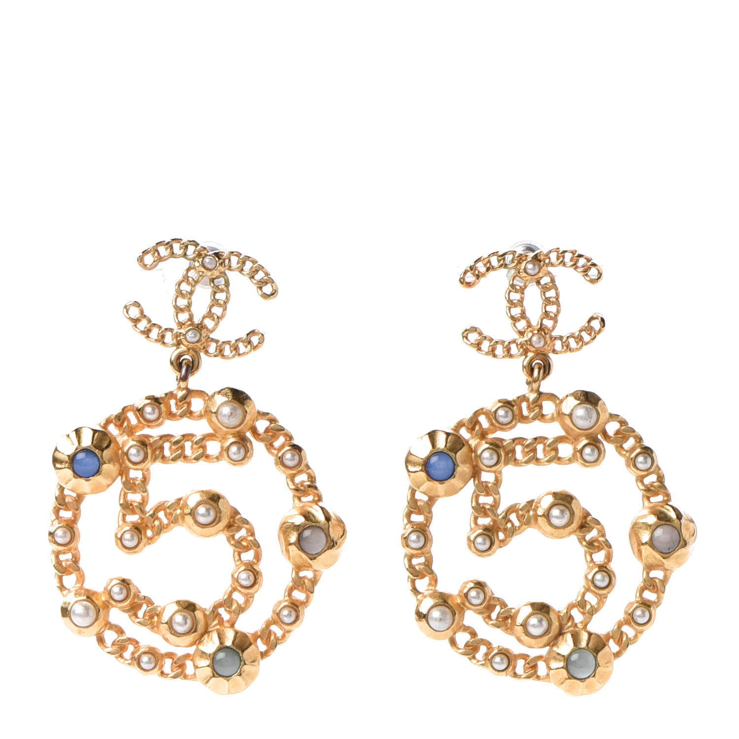 Chanel Pearl Gripoix No 5 CC Chain Drop Earrings Gold 1 of 4