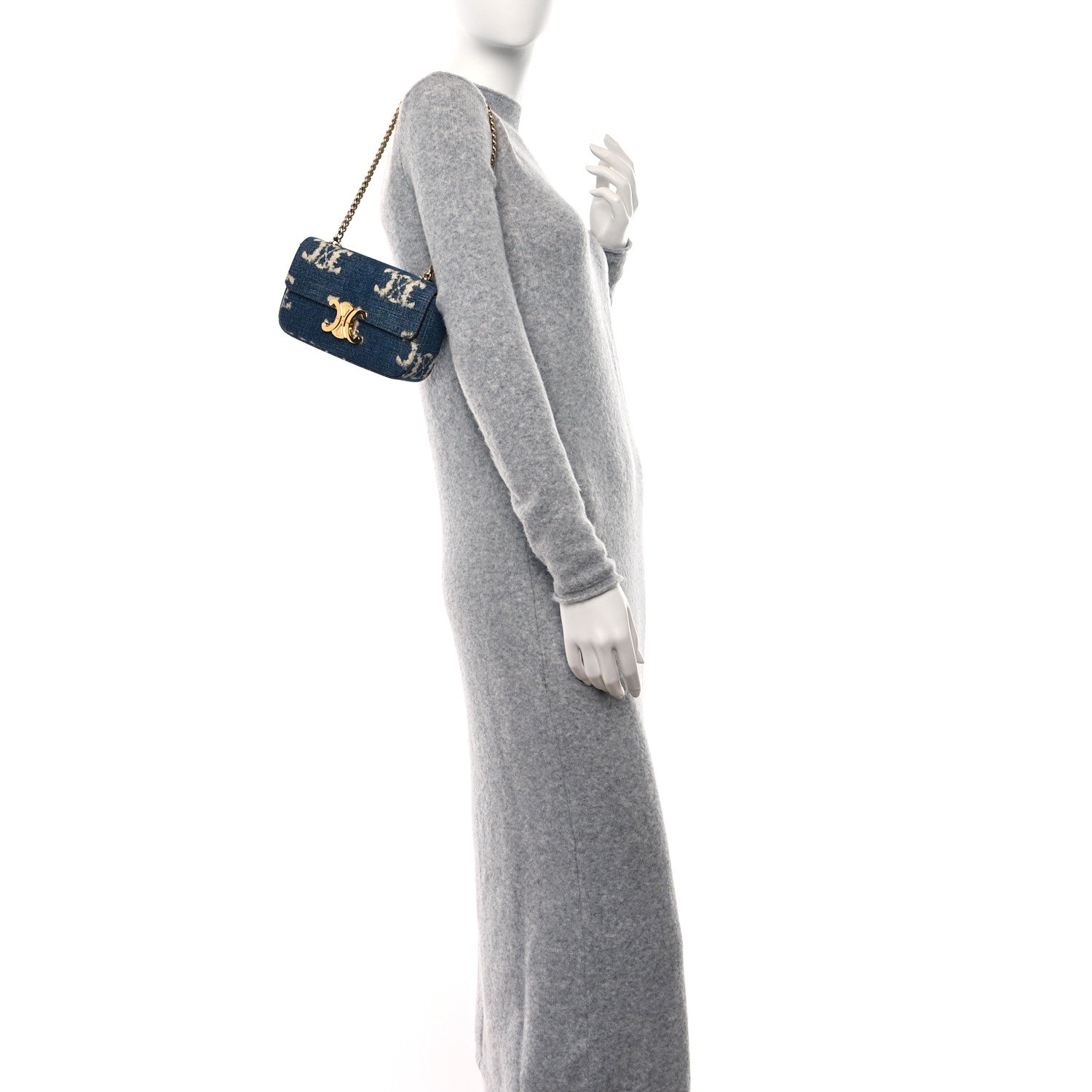 Celine Denim Triomphe Chain Shoulder Bag Navy Tan 2 of 9