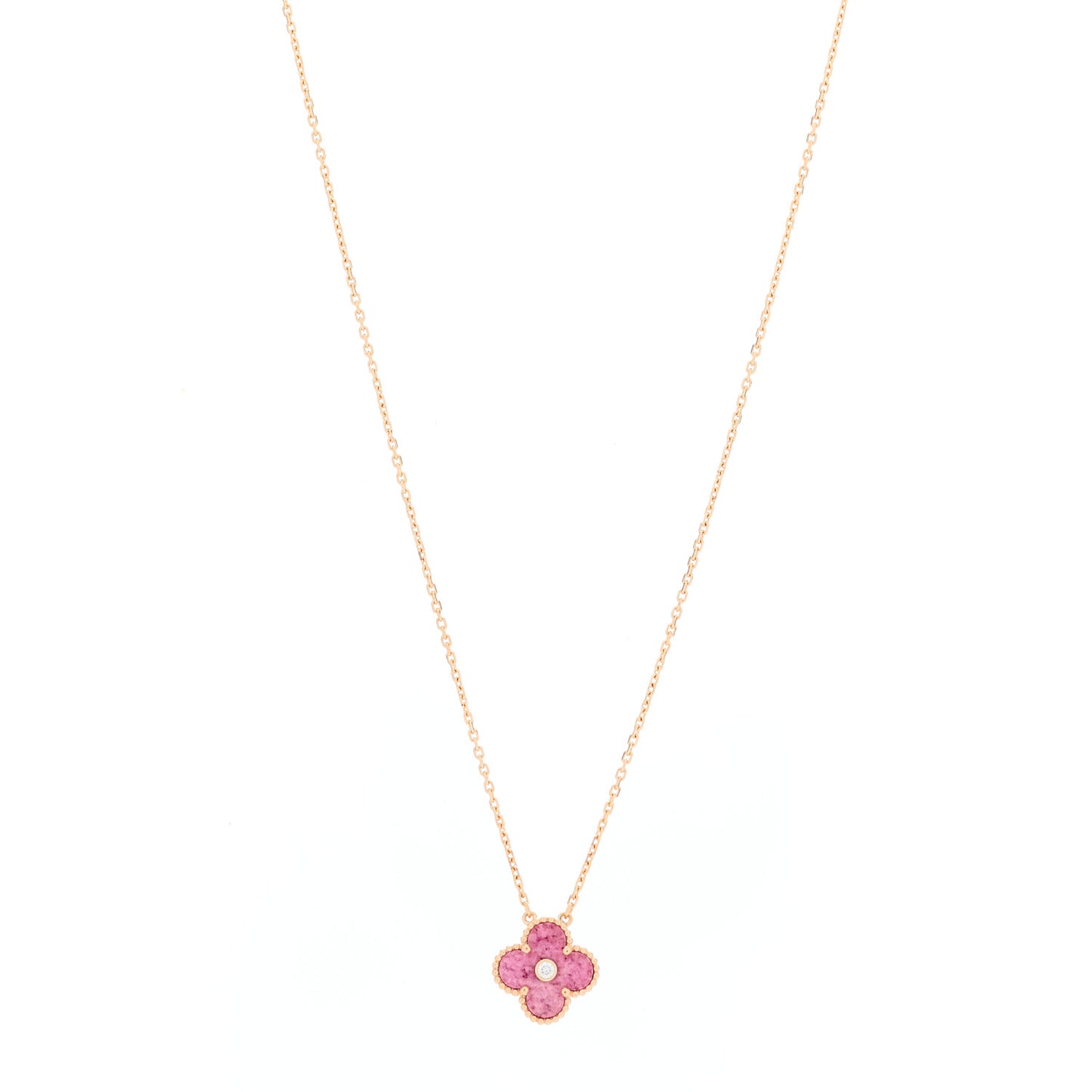 18K Rose Gold Diamond Rhodonite Vintage Alhambra Pendant Necklace