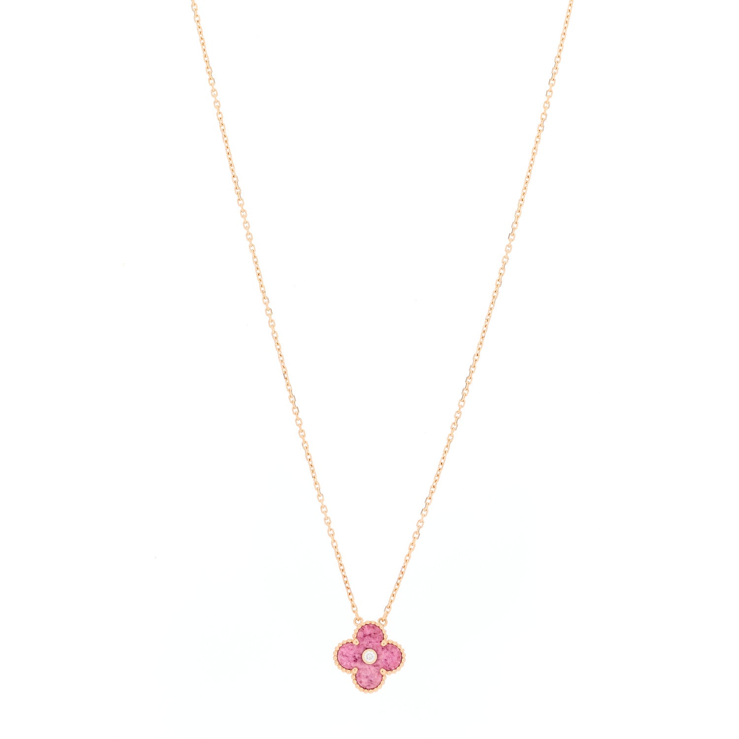 Van Cleef & Arpels 18K Rose Gold Diamond Rhodonite Vintage Alhambra Pendant Necklace 1 of 5
