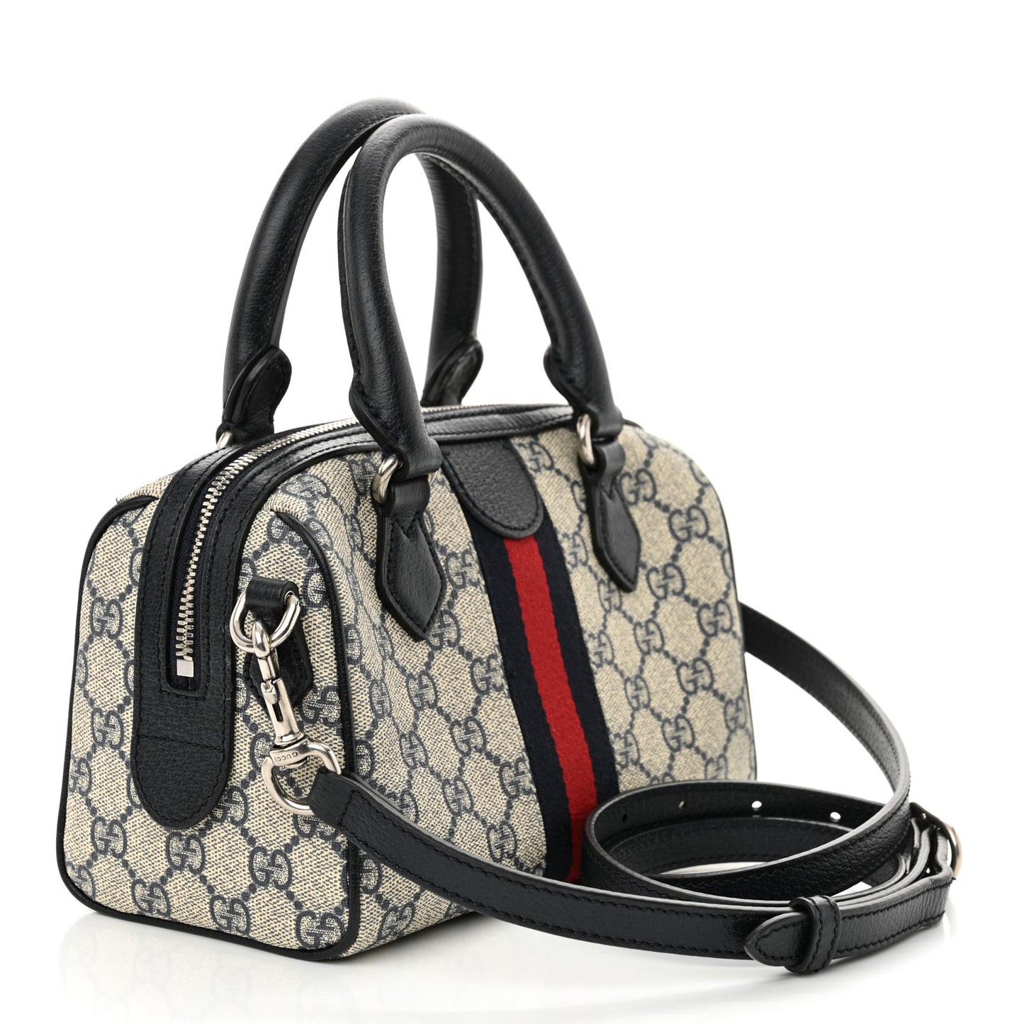 GG Supreme Monogram Textured Dollar Calfskin Web Mini Ophidia Top Handle Bag Beige Blue