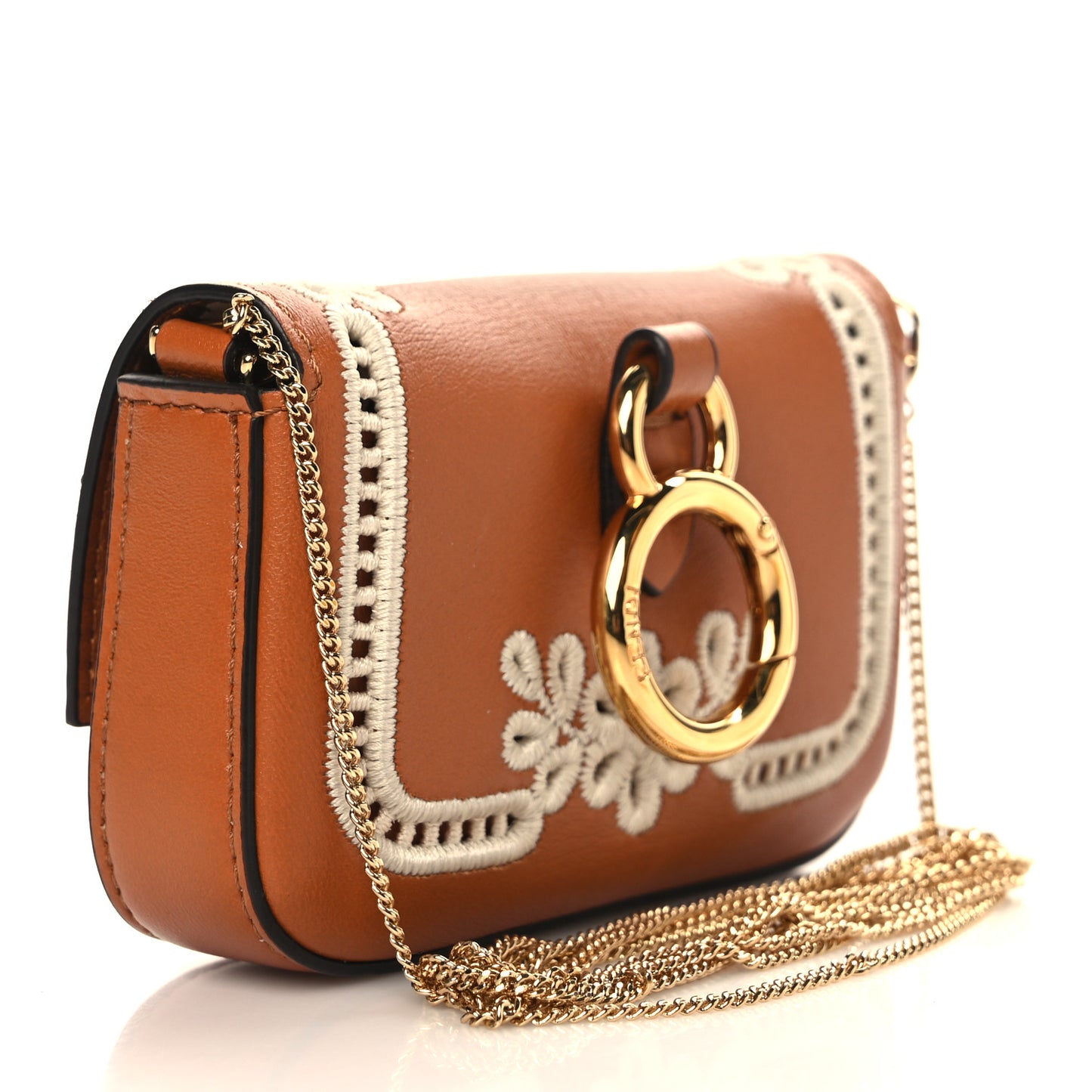 Shiny Nappa Vitello King Floral Ajour Embroidered Nano Baguette Charm Brandy