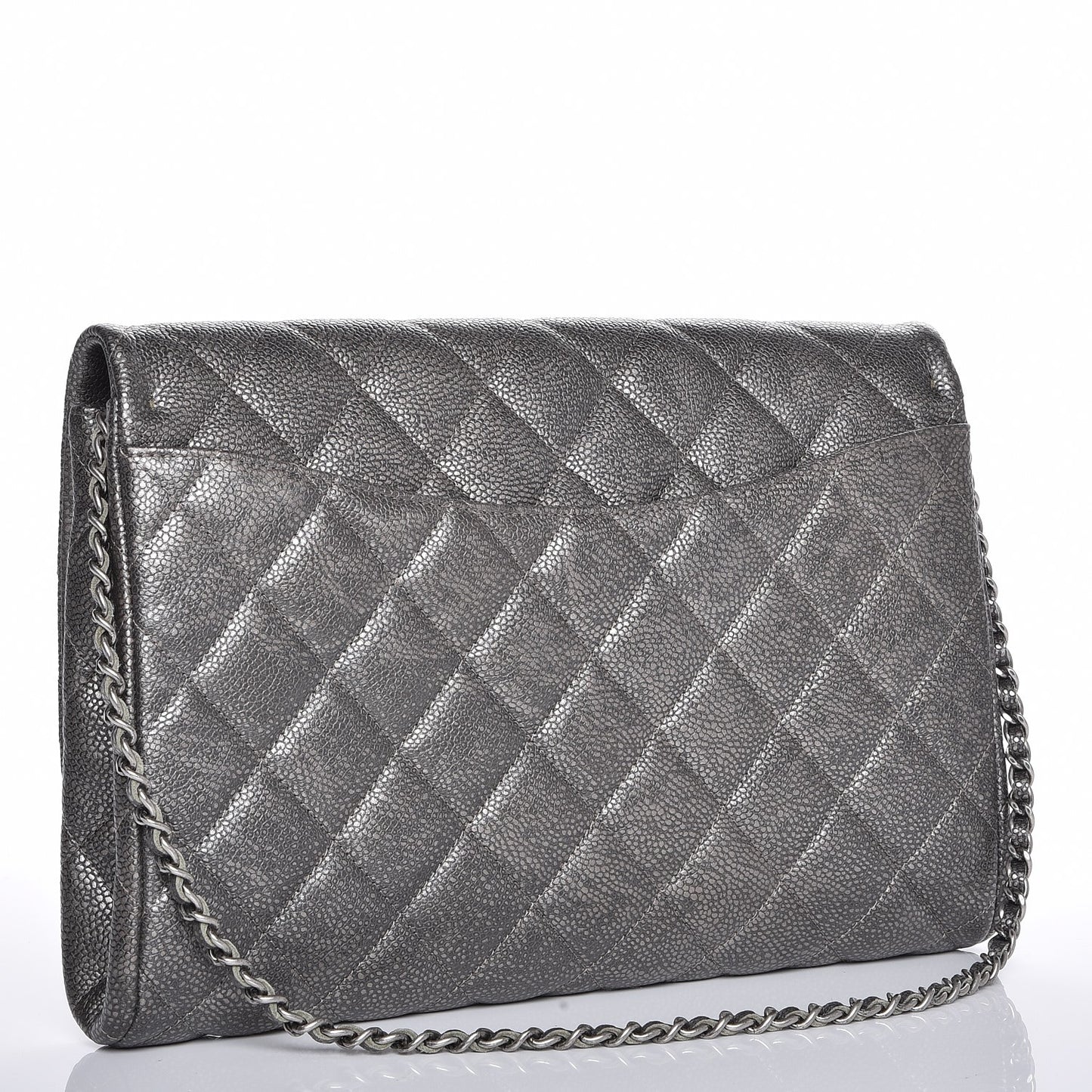 Metallic Caviar Quilted Clutch With Chain Flap Dark Silver