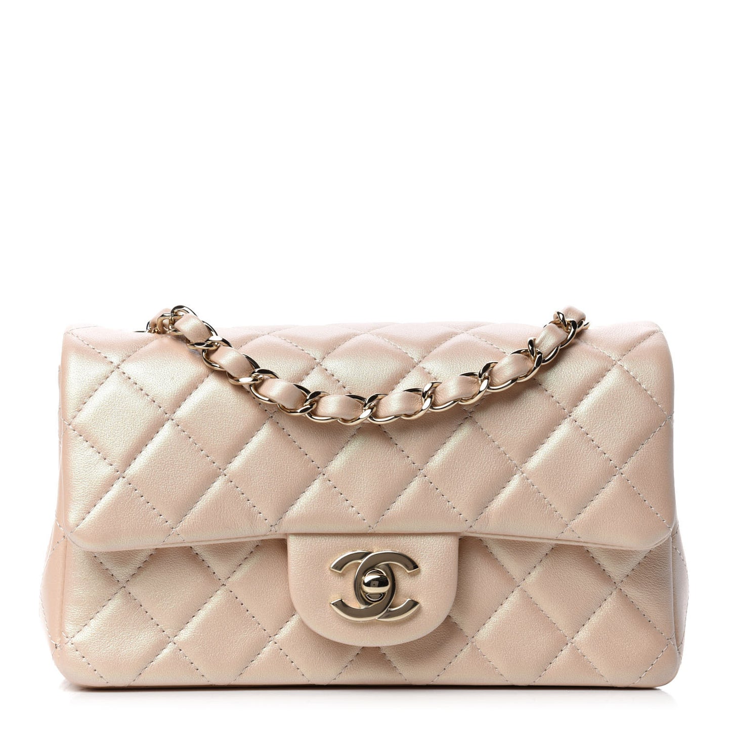 Iridescent Calfskin Quilted Mini Rectangular Flap Beige