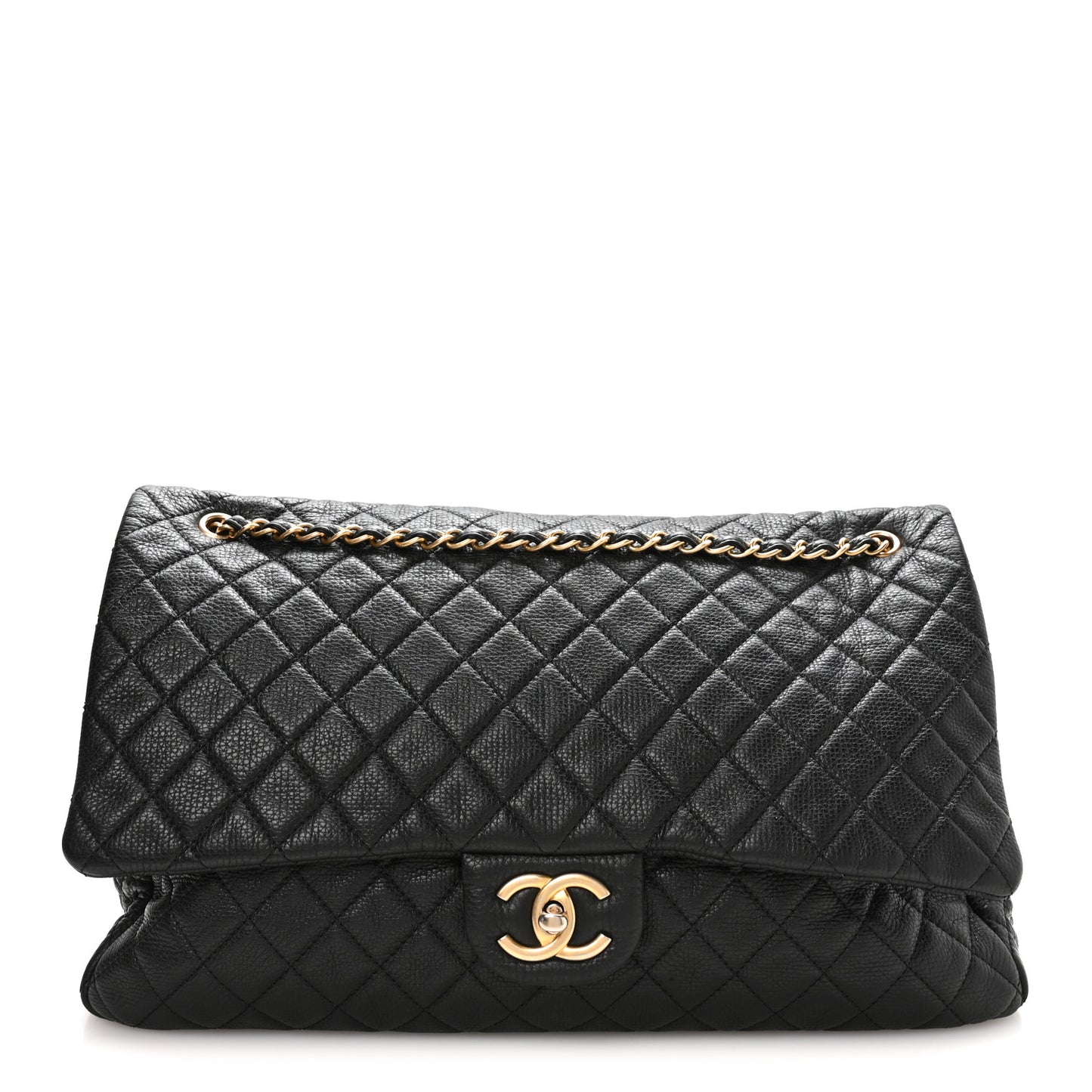 Grained Calfskin Quilted XXL Travel Flap Bag Black
