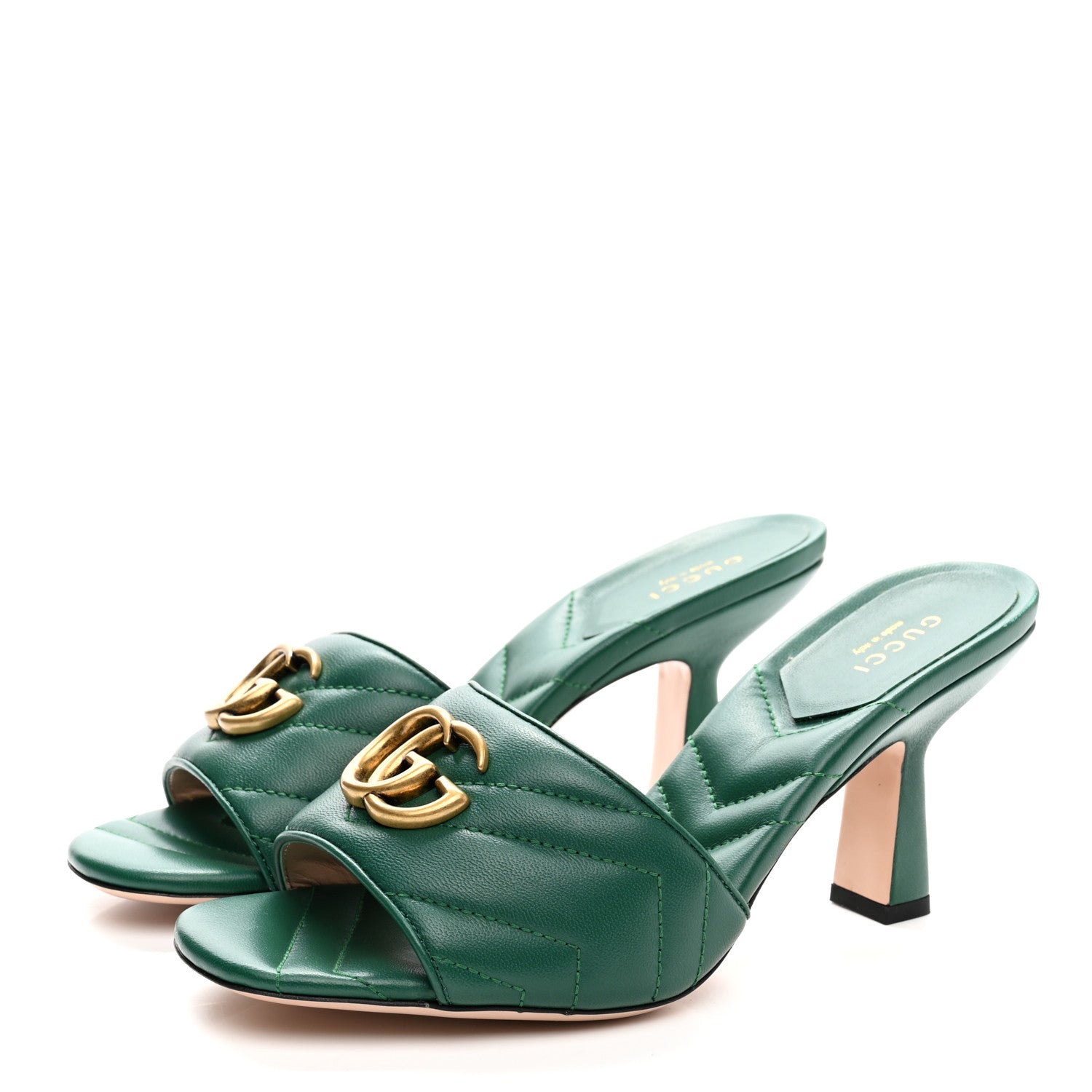 Gucci Nappa Matelasse GG Marmont 75mm Slide Sandals 38 Emerald 3 of 10