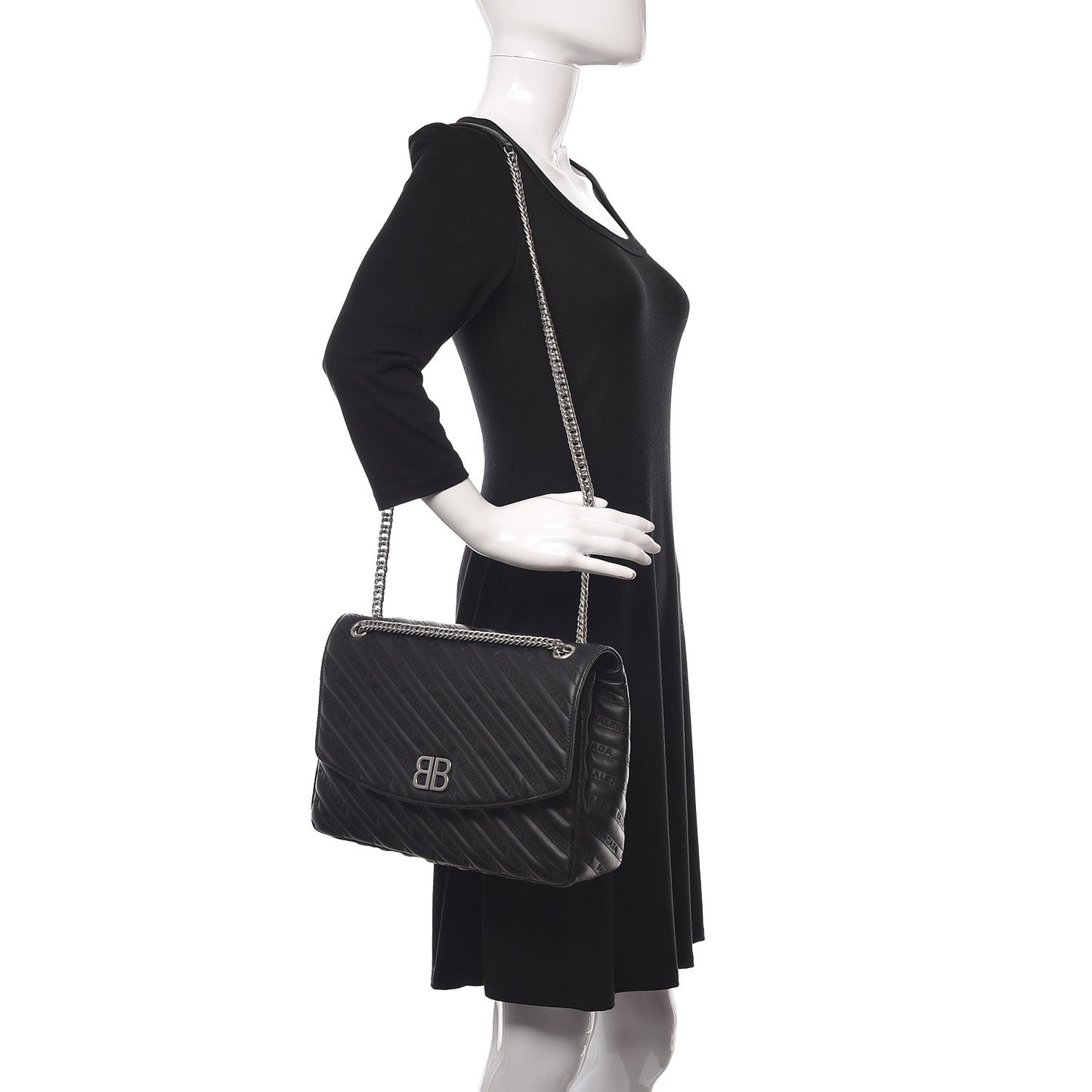 Calfskin Logo Matelasse Large BB Flap Chain Shoulder Bag Black