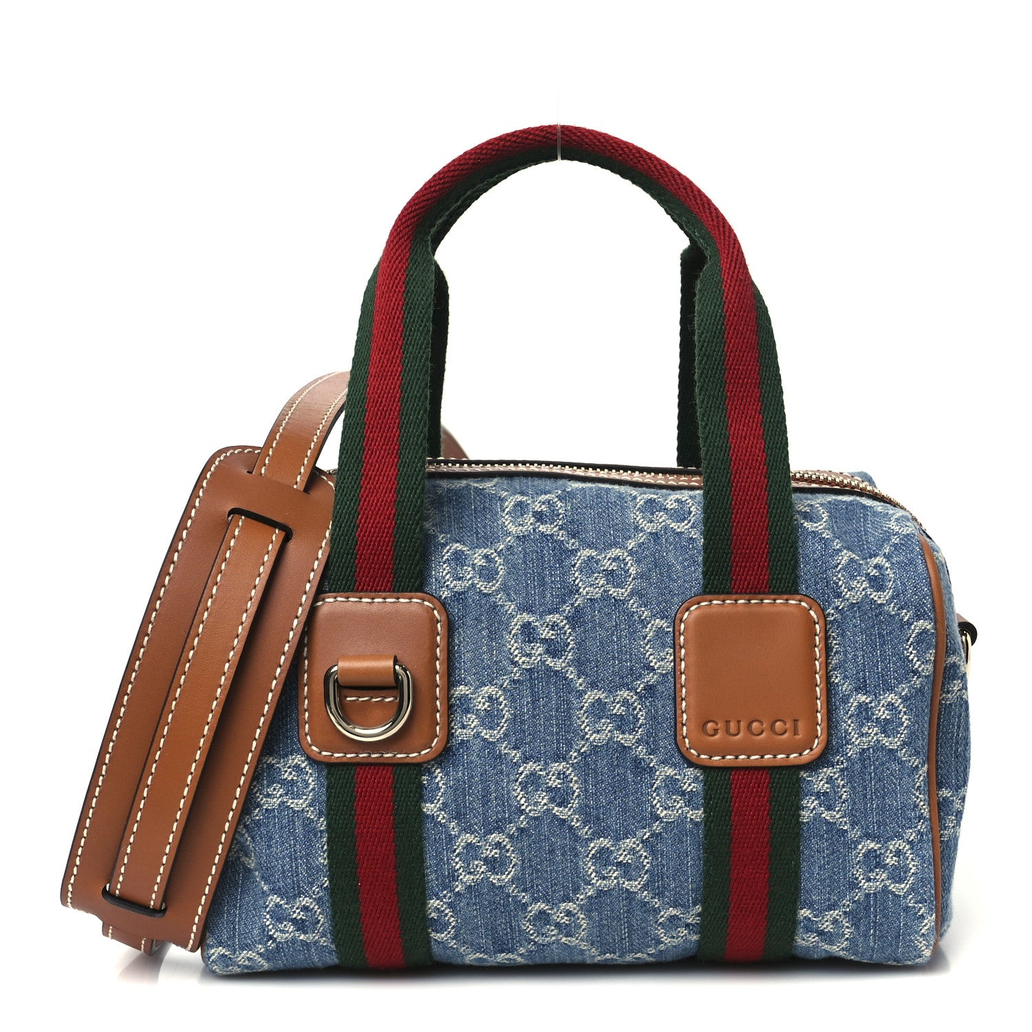 Gucci GG Denim Calfskin Web Mini GG Top Handle Bag Light Blue White 1 of 11