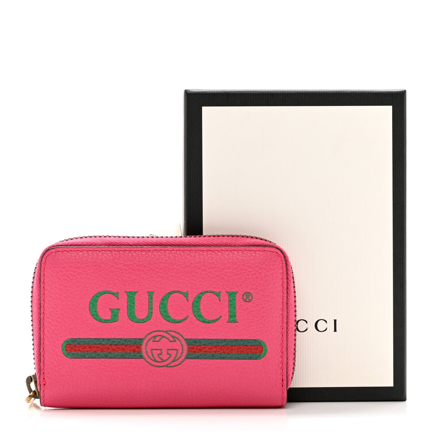 Grained Calfskin Logo Zip Around Card Case Box Pink Green