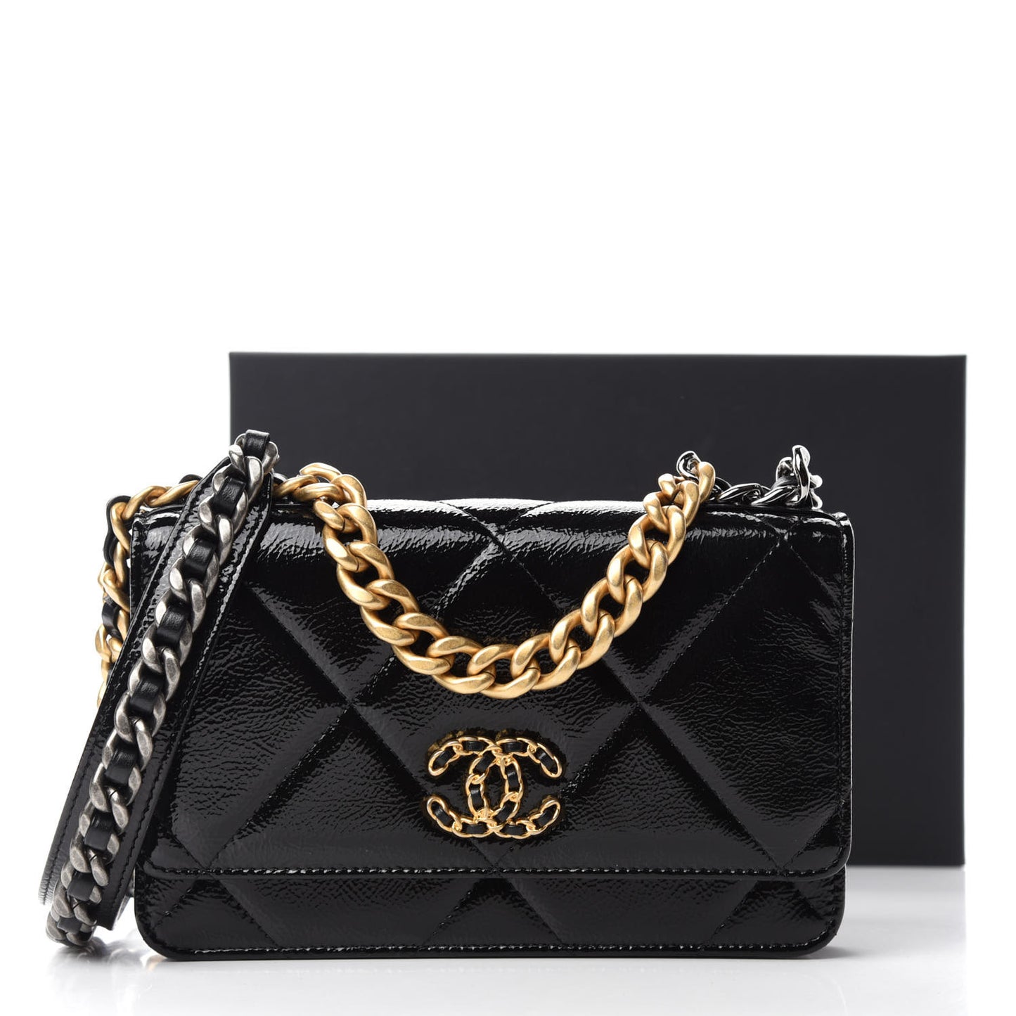 Shiny Crumpled Calfskin Quilted Chanel 19 Wallet On Chain WOC Black