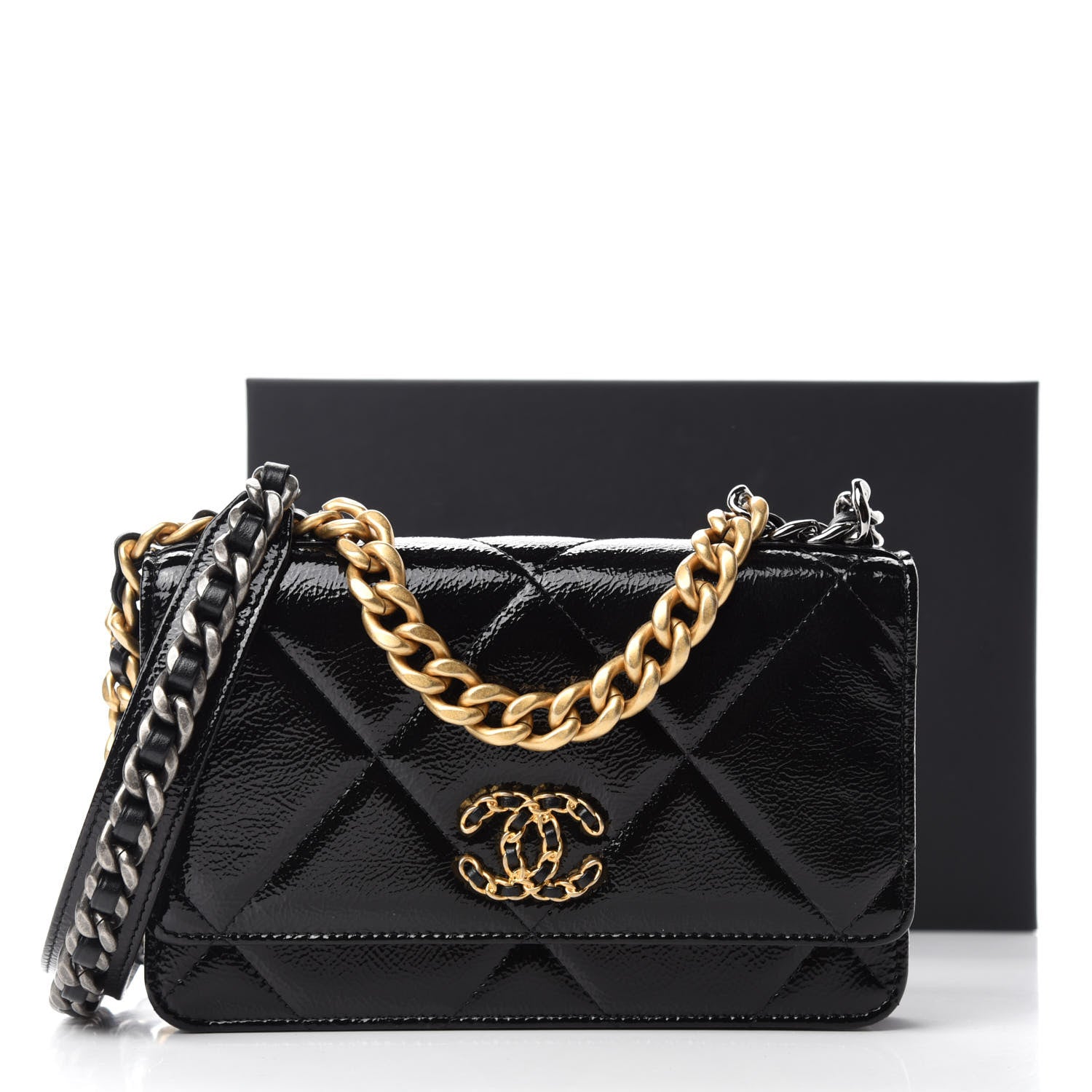 Chanel Shiny Crumpled Calfskin Quilted Chanel 19 Wallet On Chain WOC Black 12 of 12