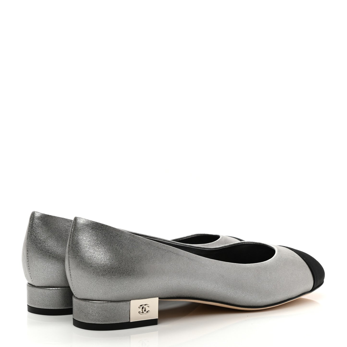 Metallic Calfskin Grosgrain Cap Toe CC Ballerina Flats 37 Silver Black