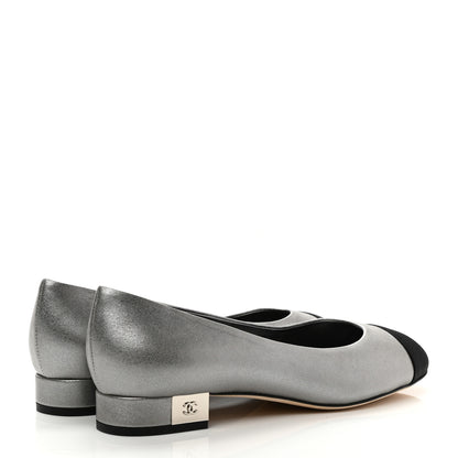 Chanel Metallic Calfskin Grosgrain Cap Toe CC Ballerina Flats 37 Silver Black 4 of 9