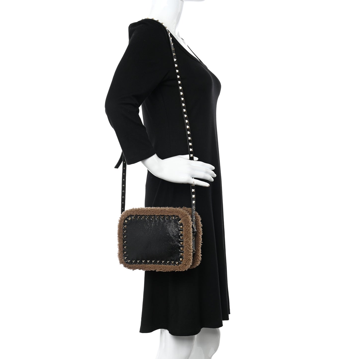 Textured Patent Calfskin Shearling Small Rockstud Camera Crossbody Bag Black