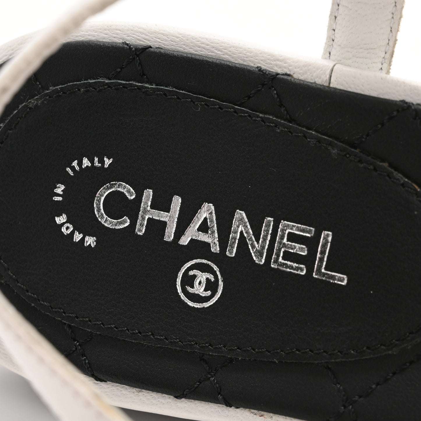 Lambskin Crystal Chain CC Logo Thong Sandals 38 White