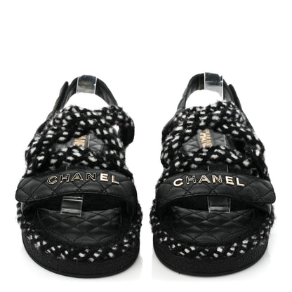 Chanel Cord Lambskin Quilted Logo Sandals 37 Black White 2 of 8