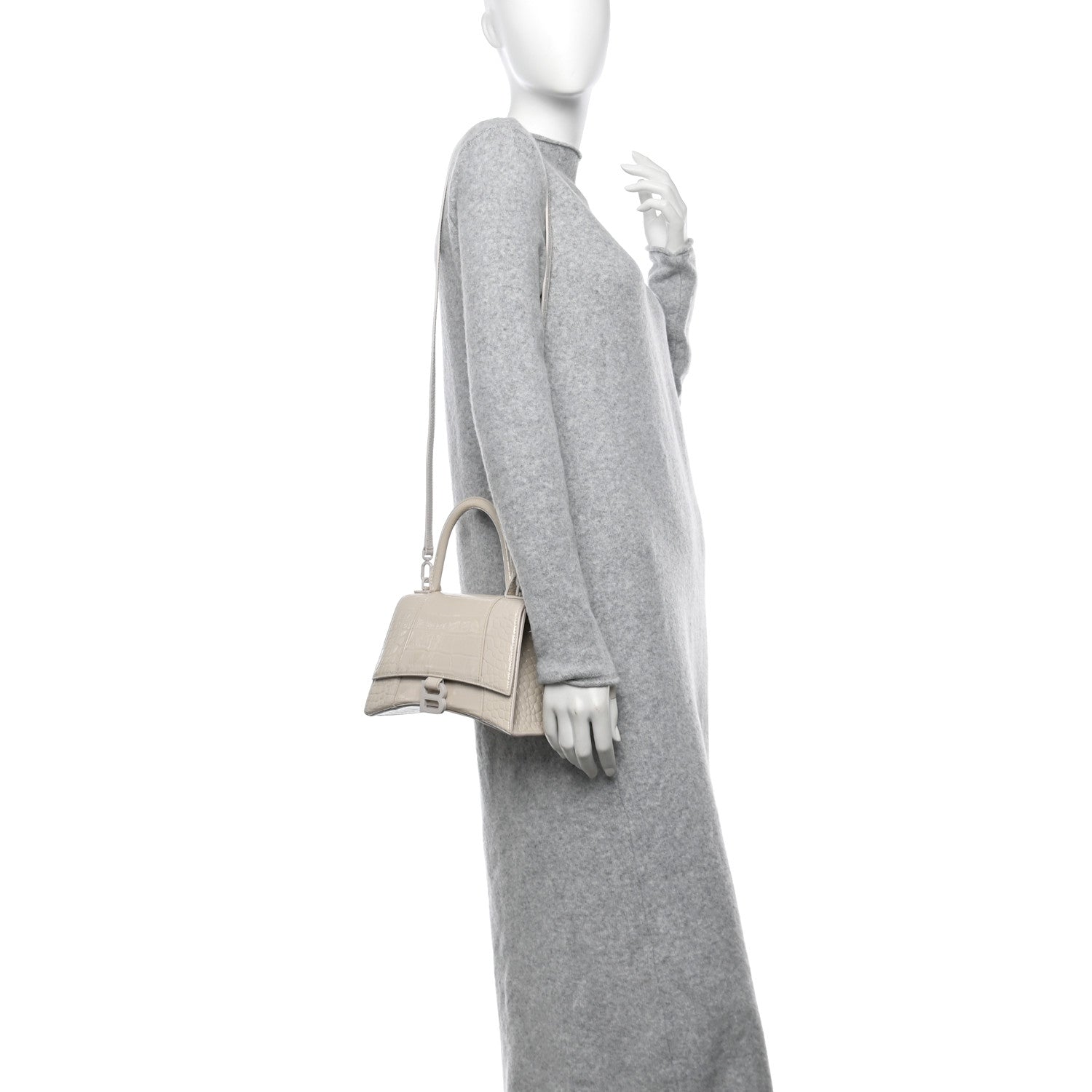 Balenciaga Shiny Calfskin Monochrome Crocodile Embossed Small Hourglass Top Handle Bag Nacre 2 of 13