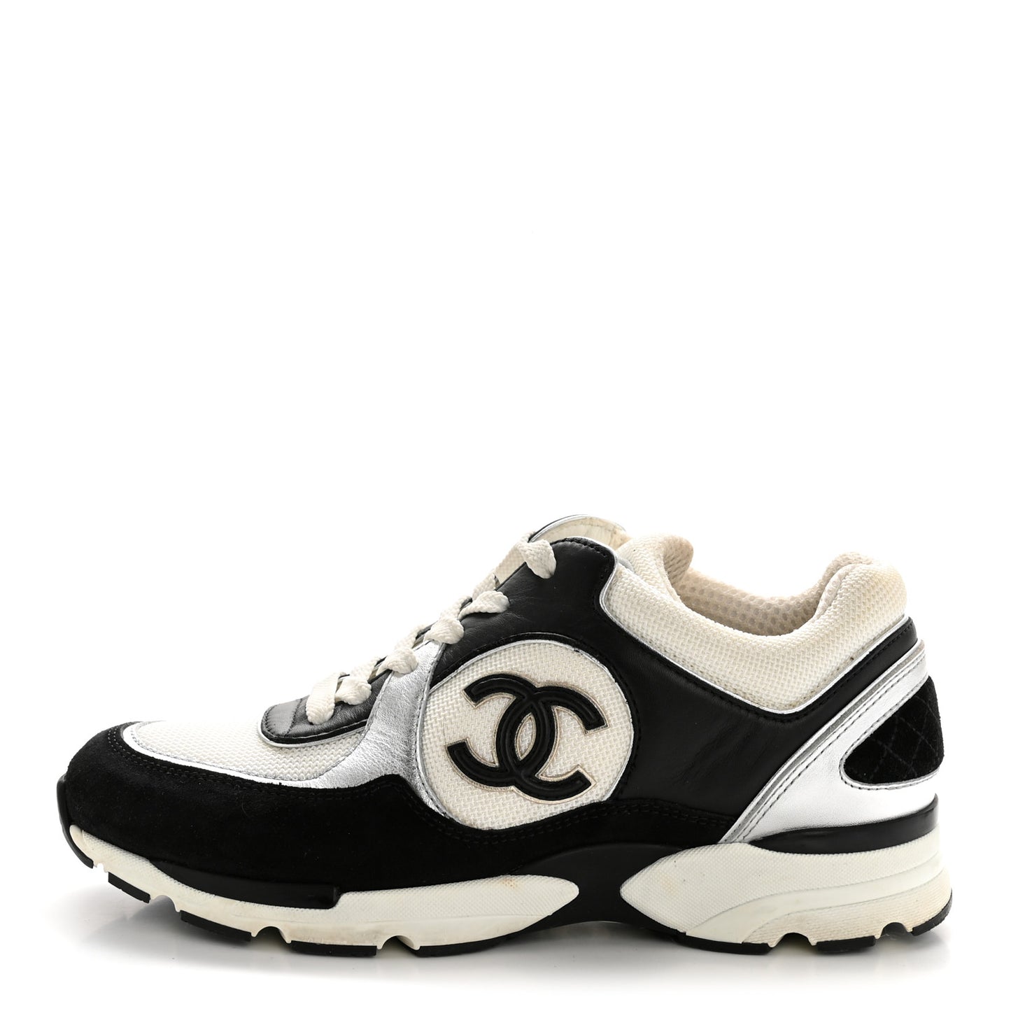Mesh Suede Calfskin Grained Calfskin Womens CC Sneakers 38 Black White Silver