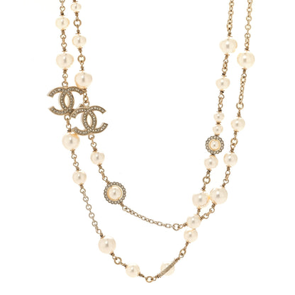Chanel Pearl Crystal CC Lace Camellia Long Necklace Gold 1 of 5