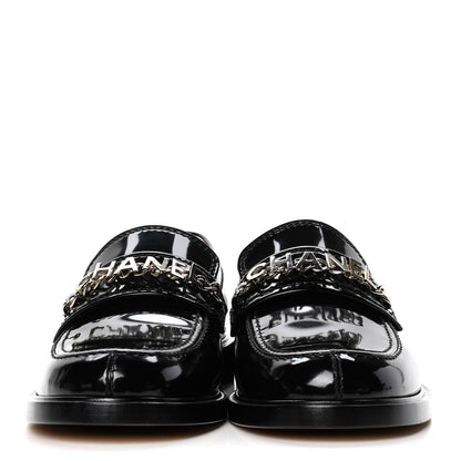 Chanel Shiny Calfskin Logo Loafers 38.5 Black 2 of 10
