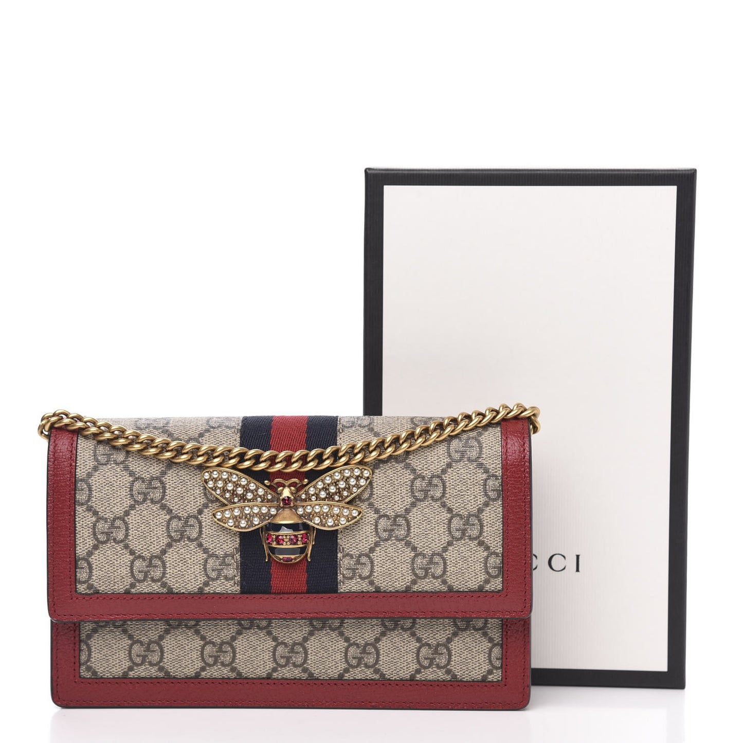 GG Supreme Monogram Web Queen Margaret Chain Wallet Red