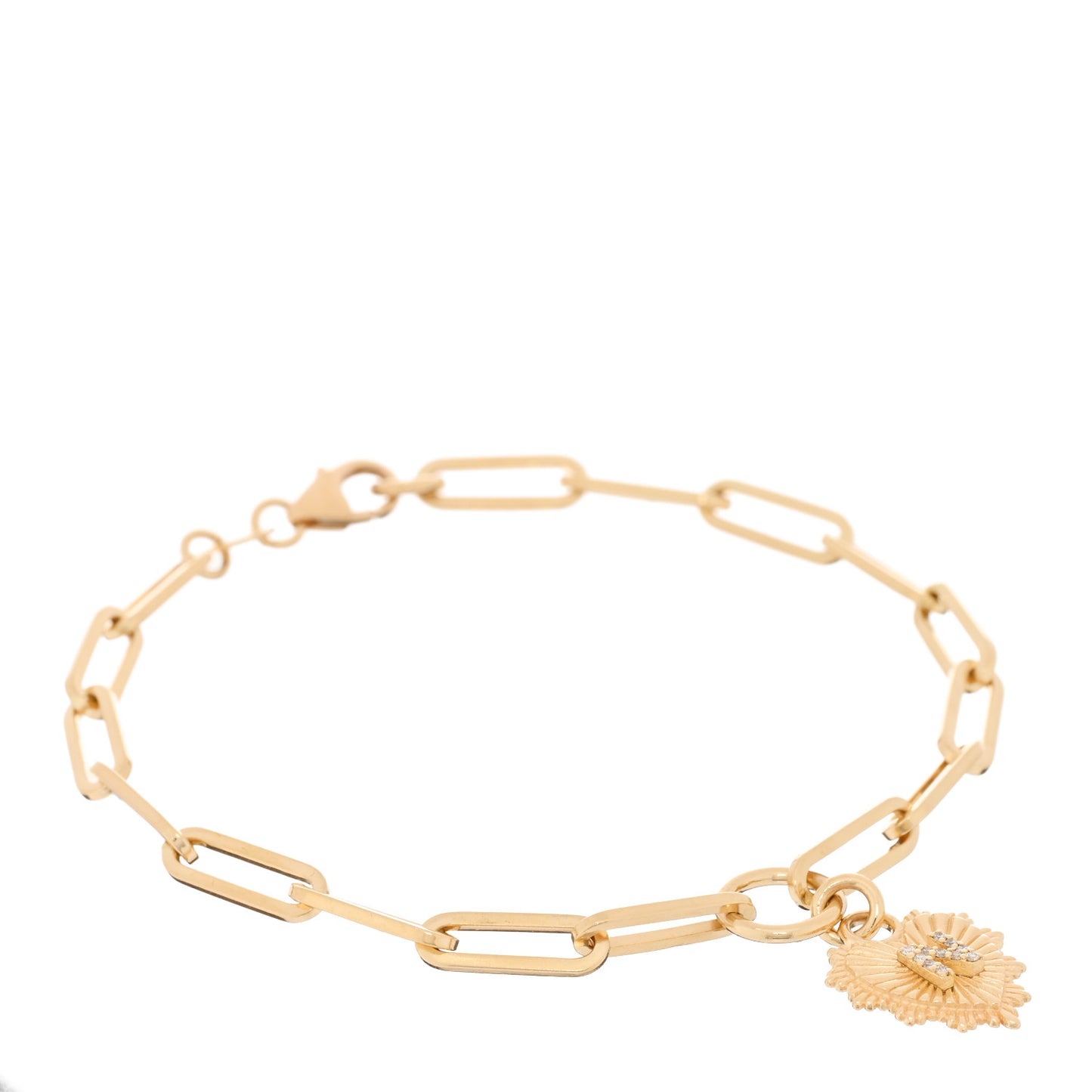 18K Yellow Gold Diamond Miniature Heart Initial Love Classic Fob Clip Chain Bracelet