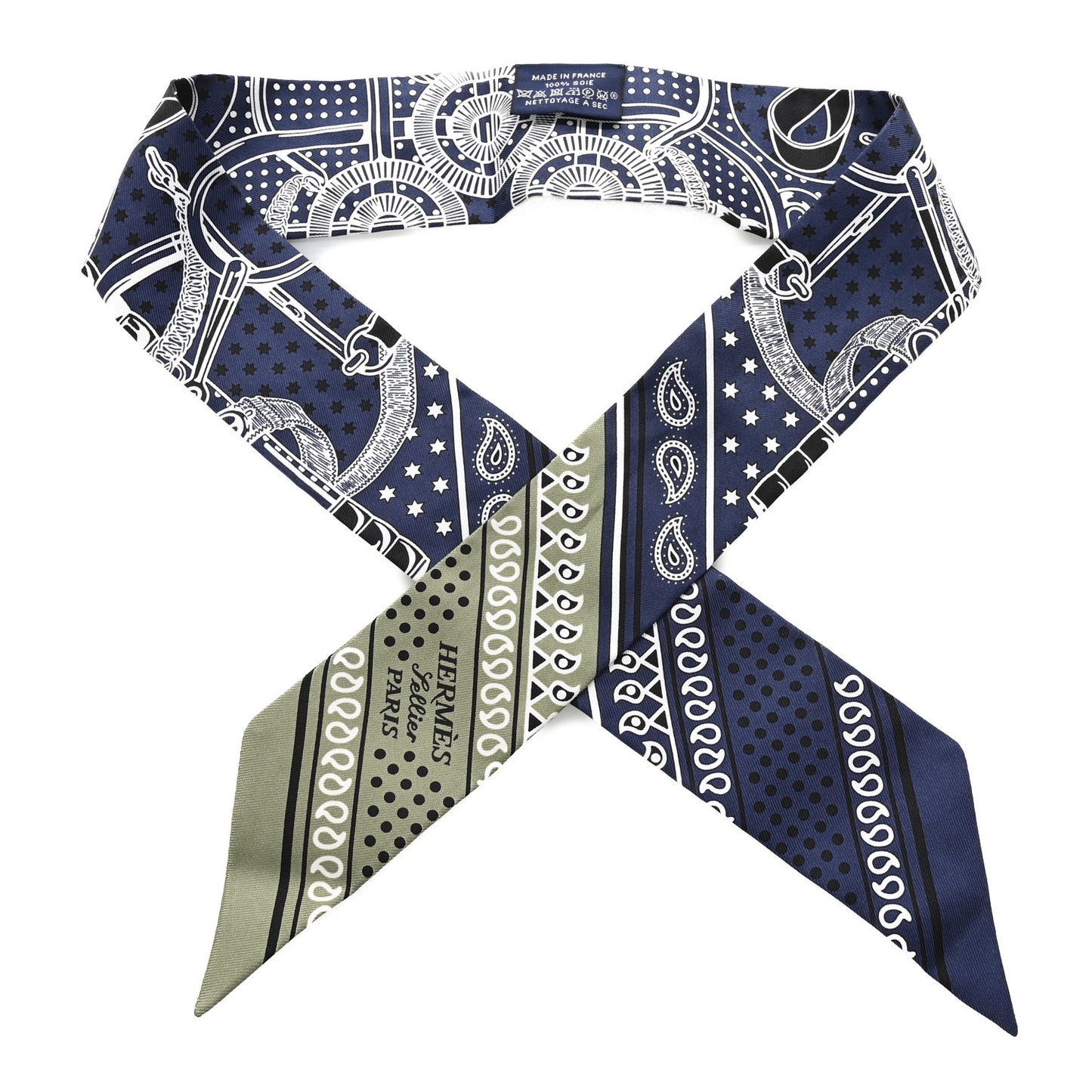 Silk Eperon d'Or Bandana Twilly Marine Vert Sauge White