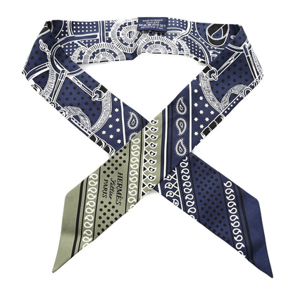 Hermes Silk Eperon d'Or Bandana Twilly Marine Vert Sauge White 1 of 4