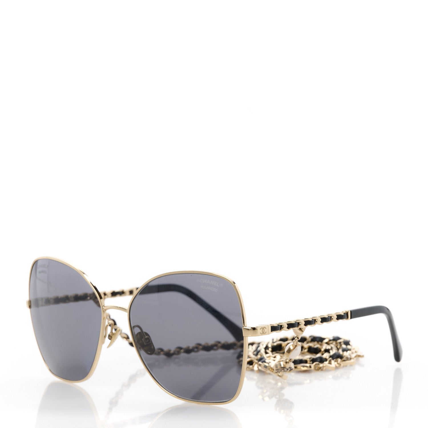 Chanel Metal Calfskin Butterfly Pearl Chain Sunglasses 4274Q Gold Black 1 of 8