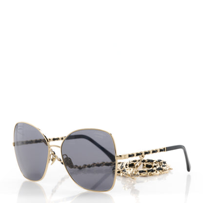 Chanel Metal Calfskin Butterfly Pearl Chain Sunglasses 4274Q Gold Black 1 of 8