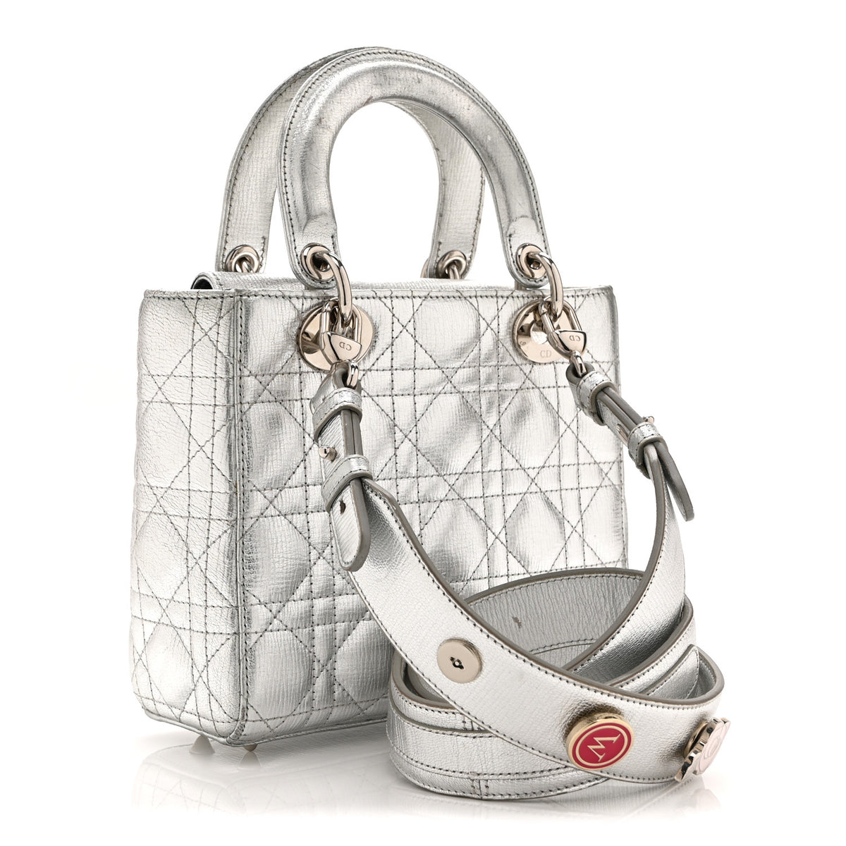 Metallic Grained Calfskin Cannage Small Lucky Badges My Lady Dior Silver