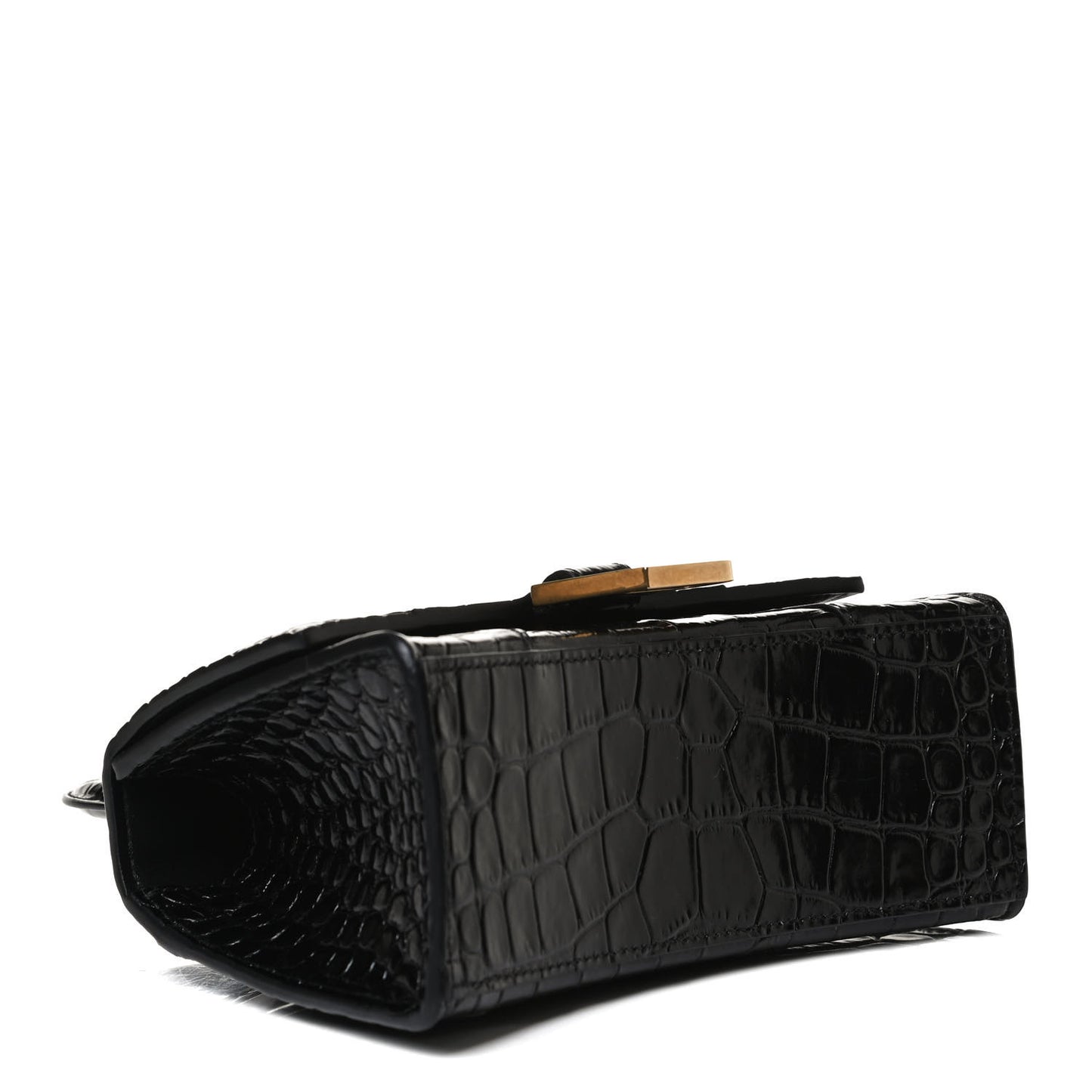 Shiny Calfskin Crocodile Embossed Hourglass Top Handle Bag XS Black